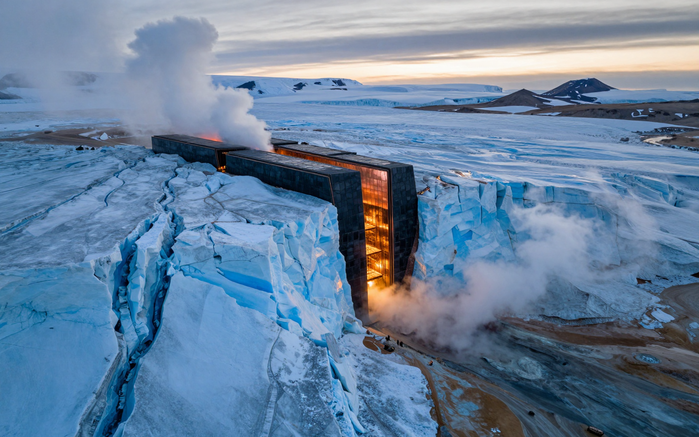 Futuristic Glass Structure Amid Icelandic Glaciers and Steam