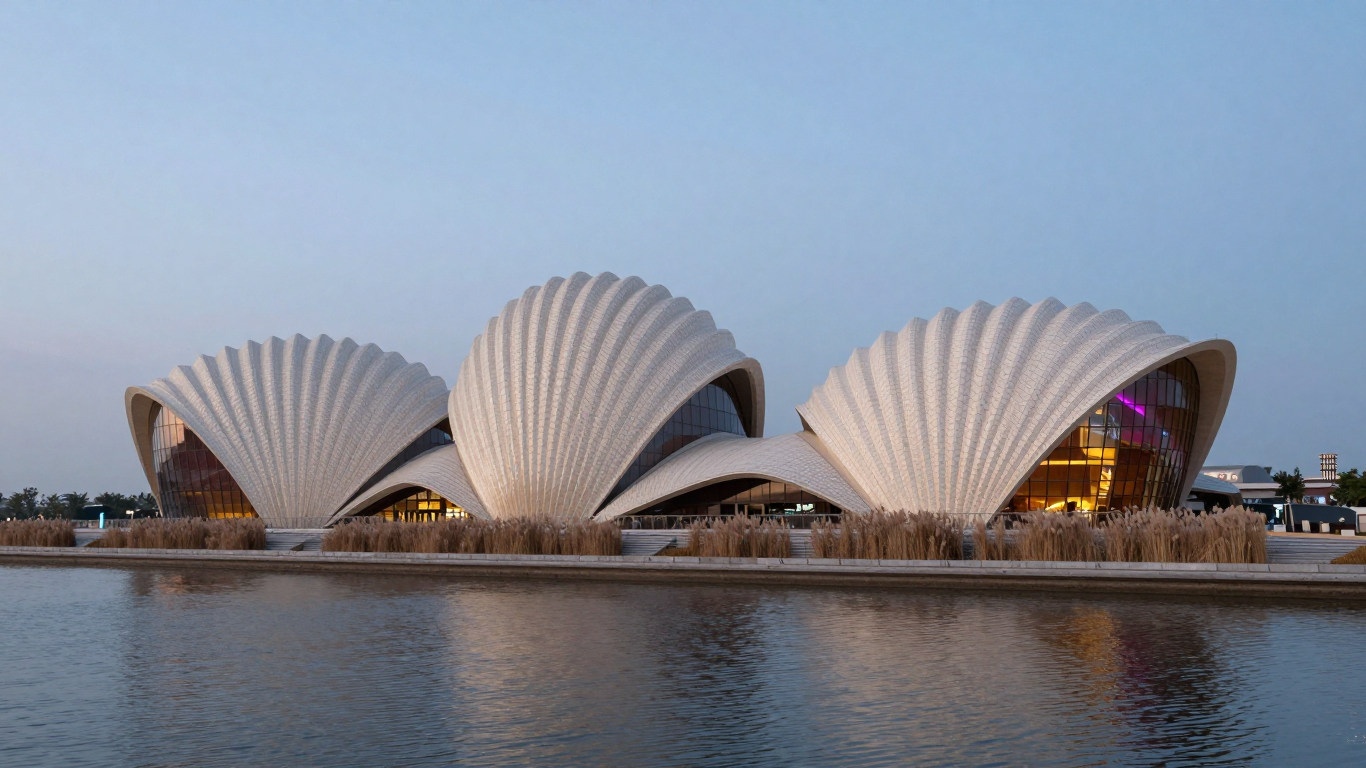 Futuristic Shell-Shaped Waterfront Performing Arts Building at Dusk