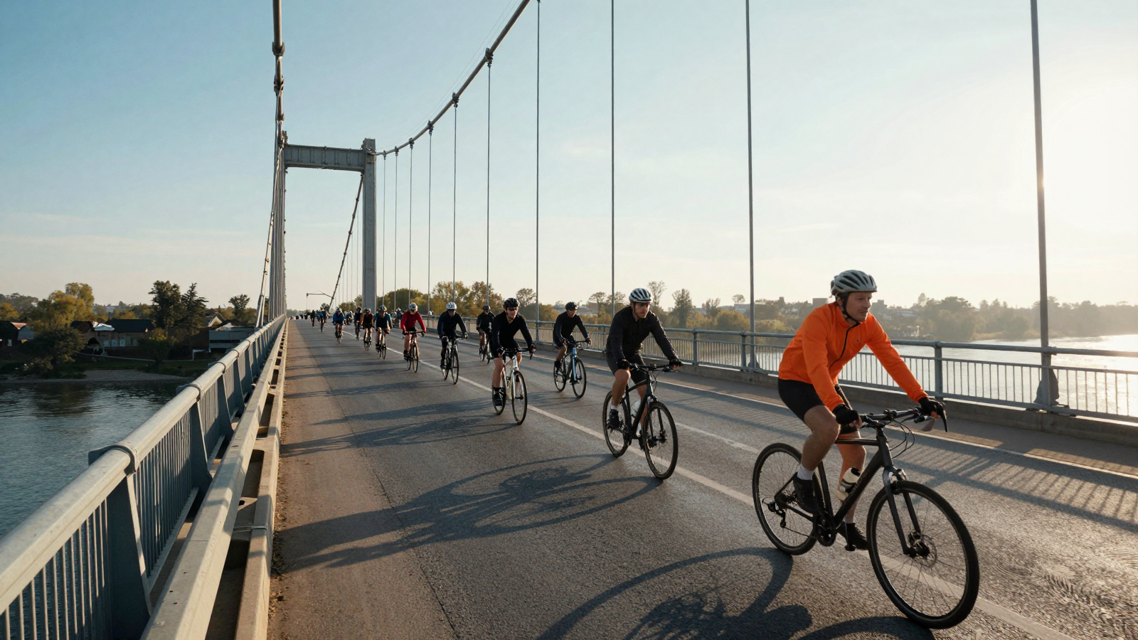 Cyclists Crossing a Suspension Bridge at Sunset