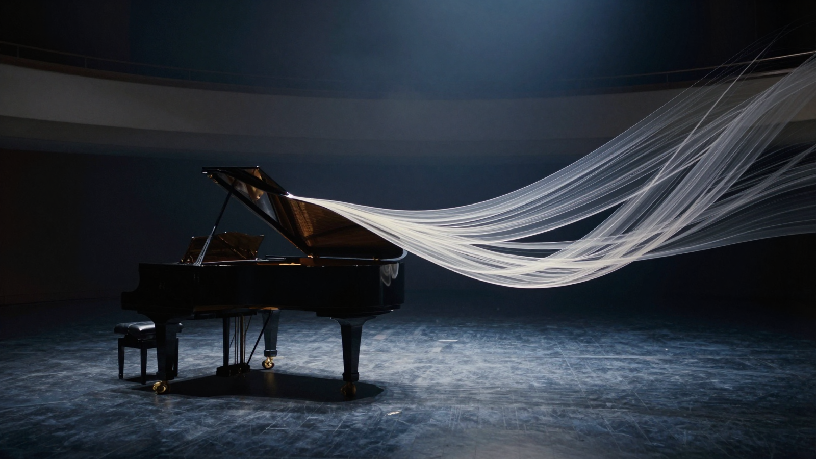 Grand Piano with Flowing White Silk Ribbons in a Dark Studio
