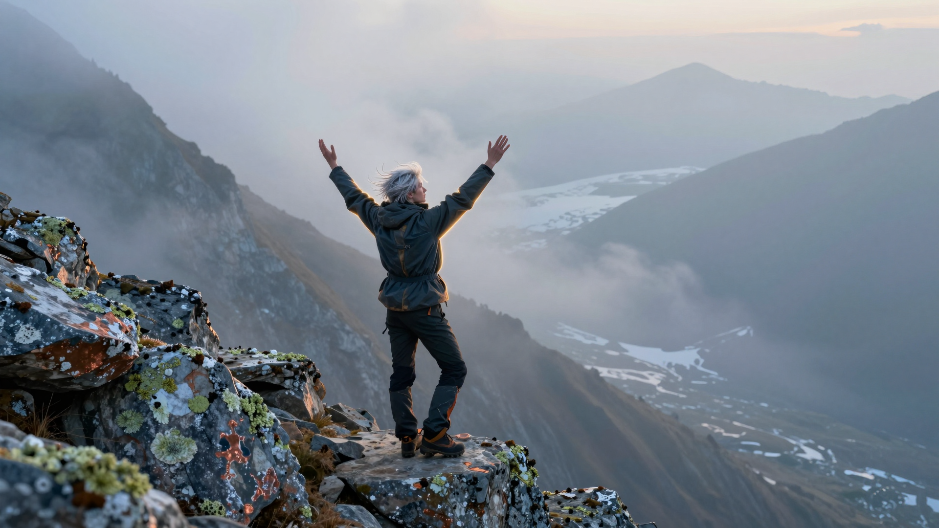 Hiker Celebrating on a Misty Mountain Ridge at Sunrise