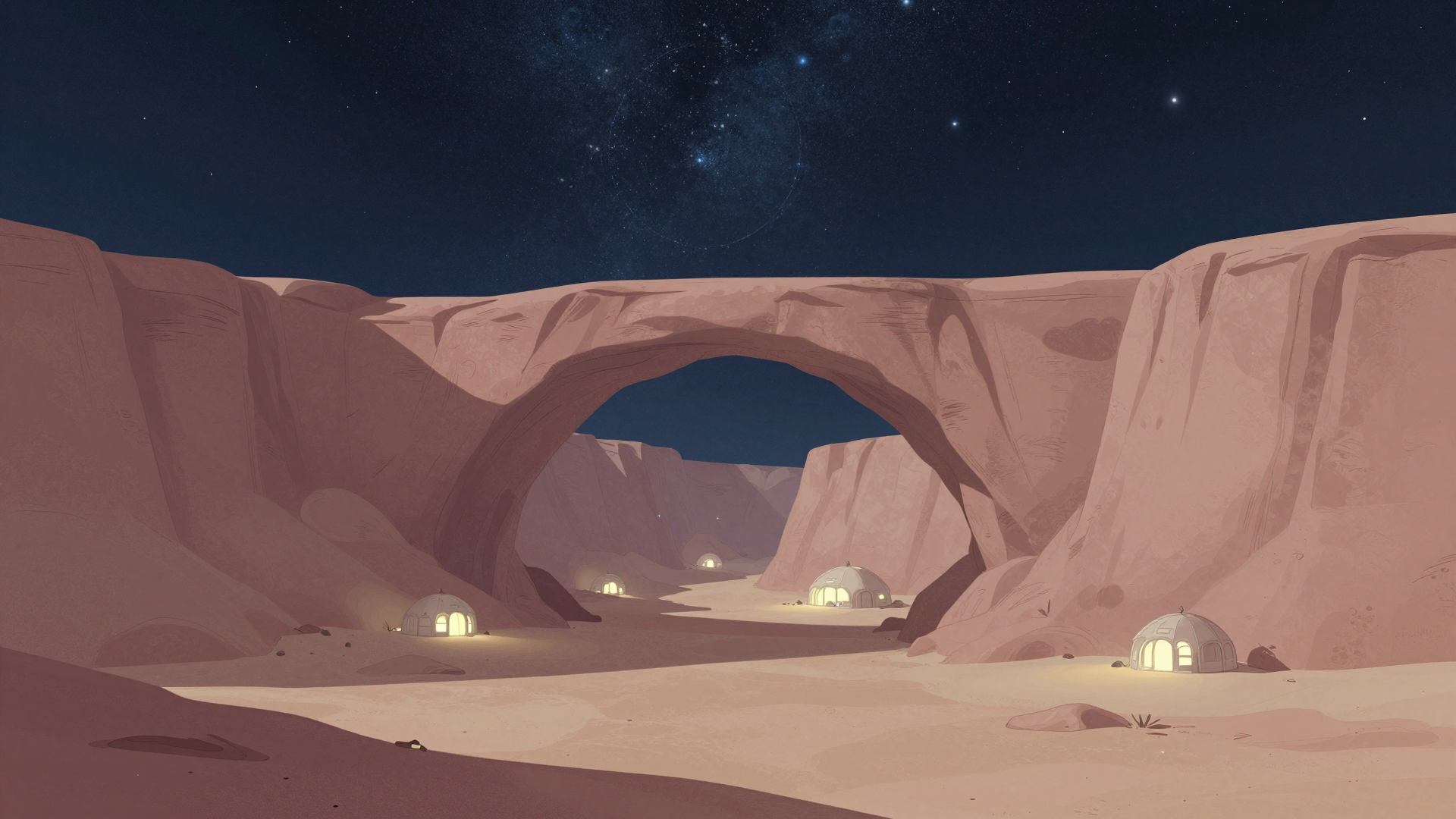 Alien Desert Canyon with Archway and Glowing Dome Habitats