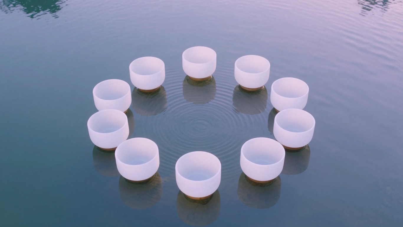 White Singing Bowls Floating in a Calm Reflective Lake