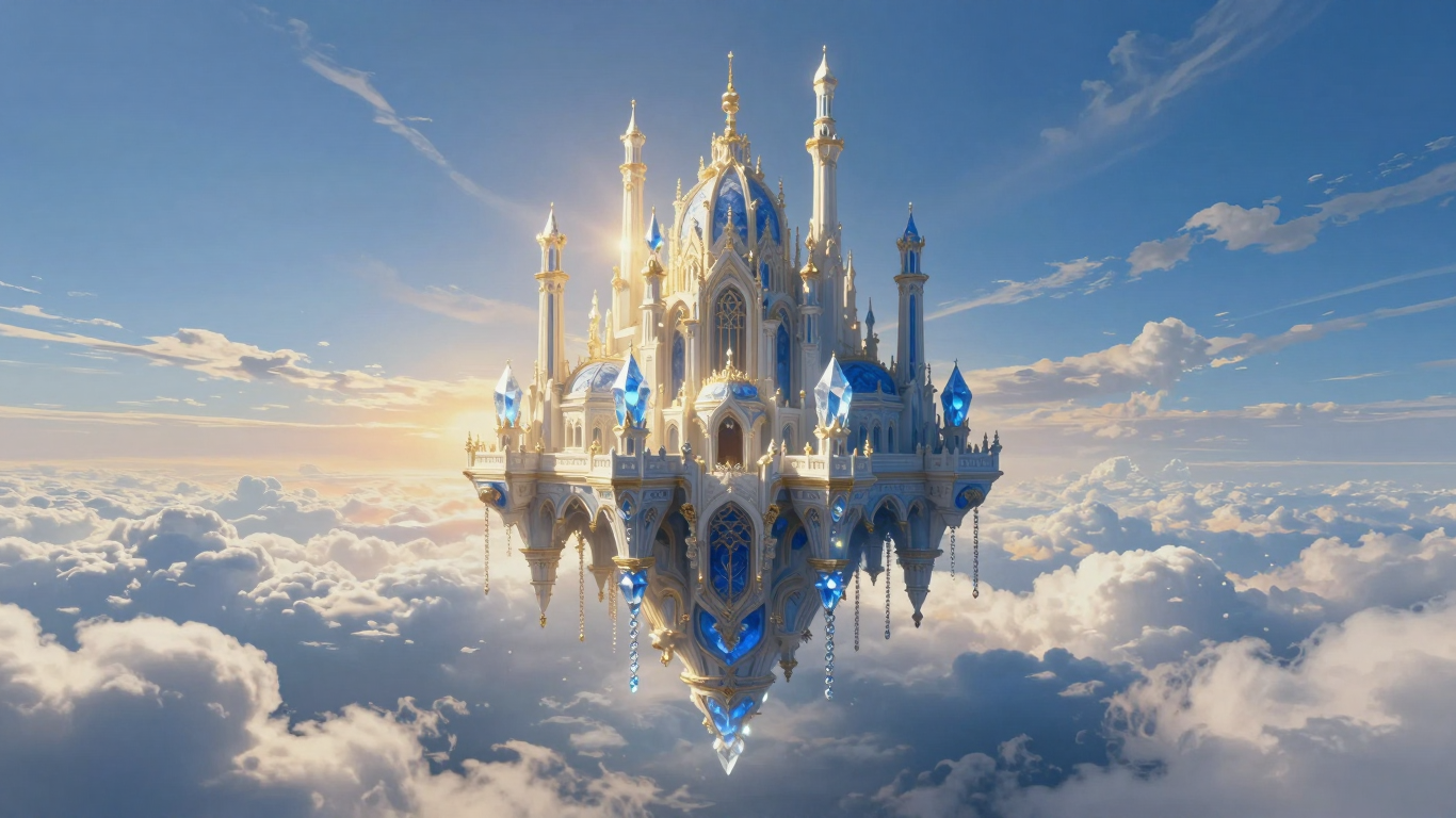 Enchanted Blue Crystal Castle Floating Above the Clouds