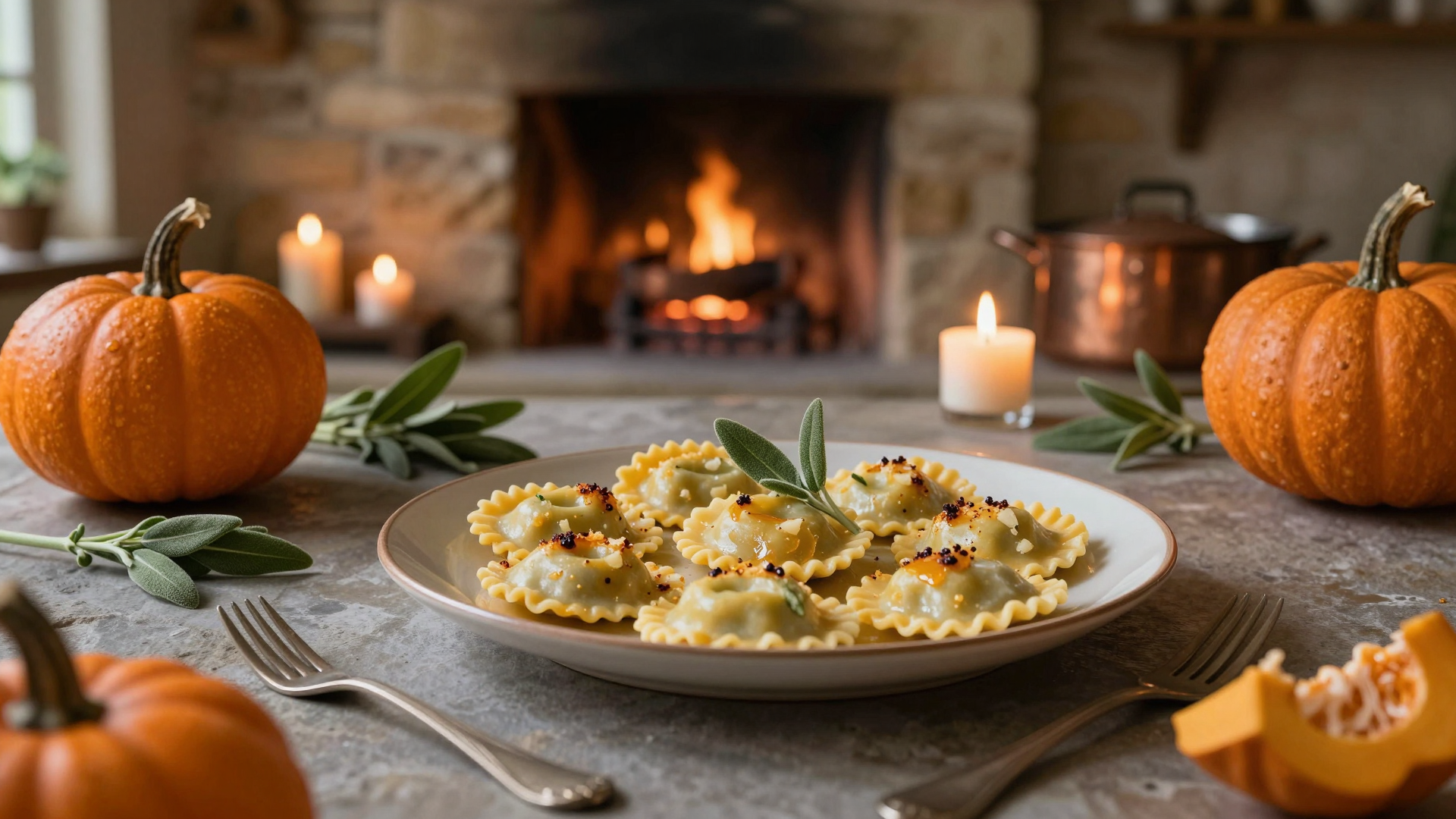 Autumn Pumpkin Ravioli Dinner by a Cozy Fireplace
