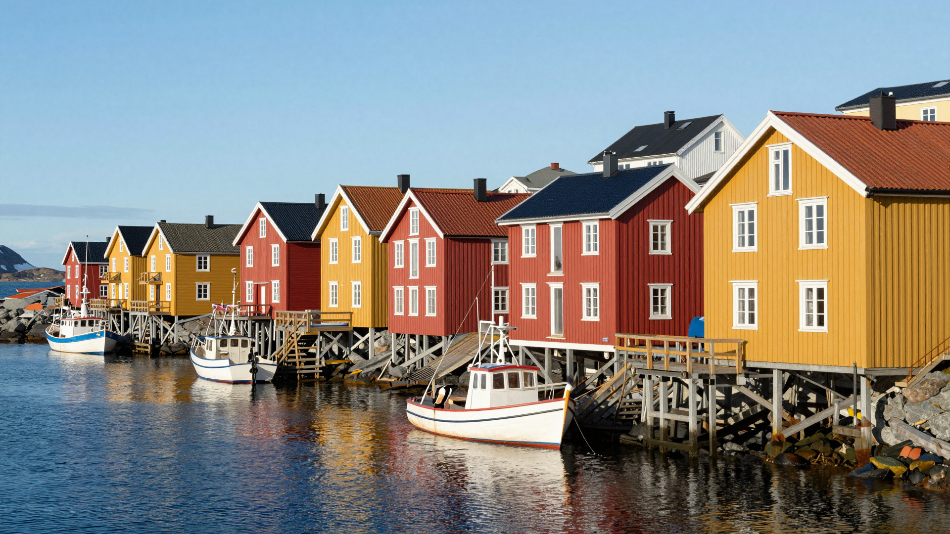 Colorful Wooden Waterfront Houses and Fishing Boats by the Sea