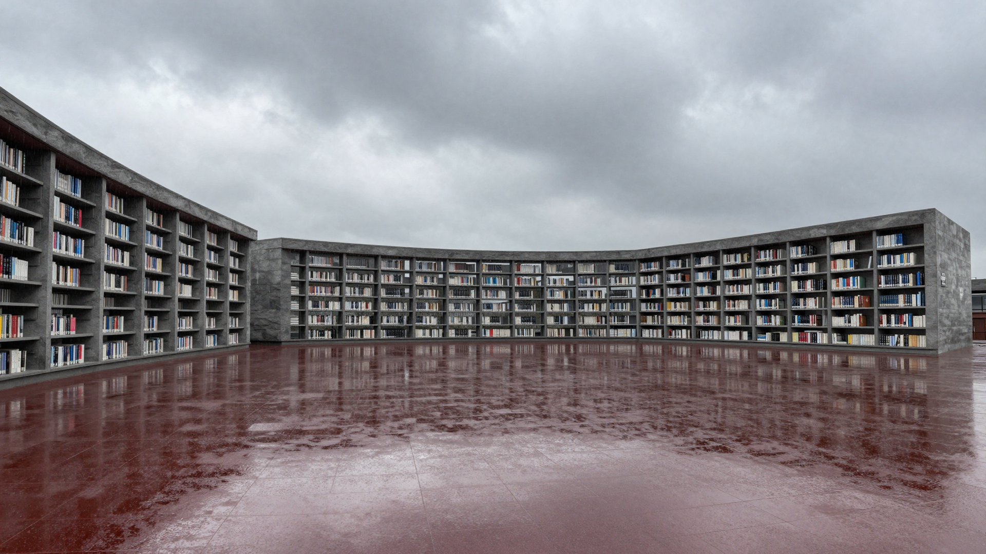 Curved Concrete Library Courtyard Under a Stormy Sky