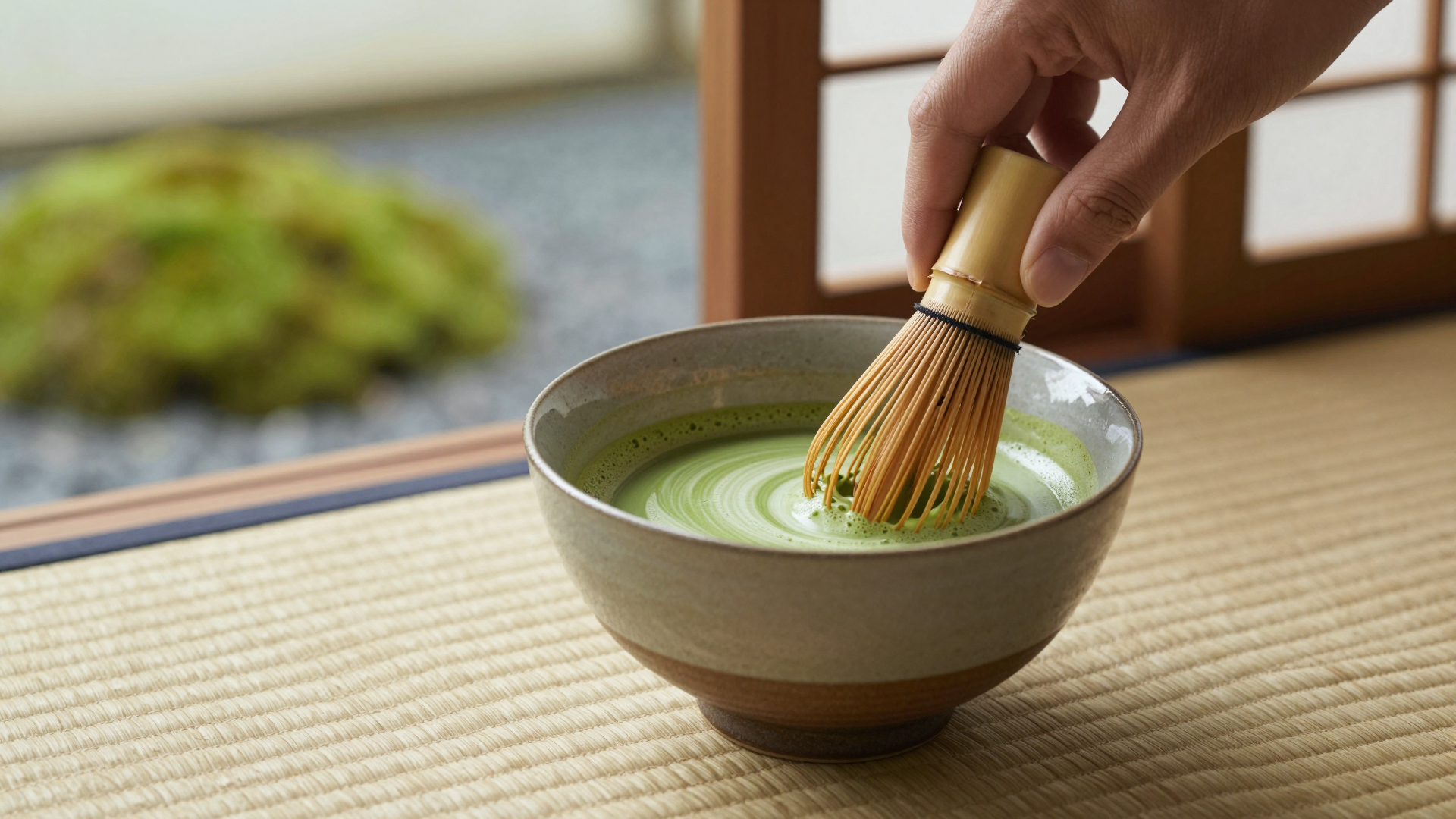 Traditional Matcha Tea Preparation with Bamboo Whisk on Tatami Mat