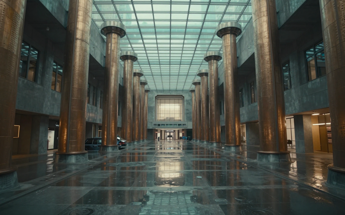 Grand Marble Atrium with Tall Columns and Glass Ceiling
