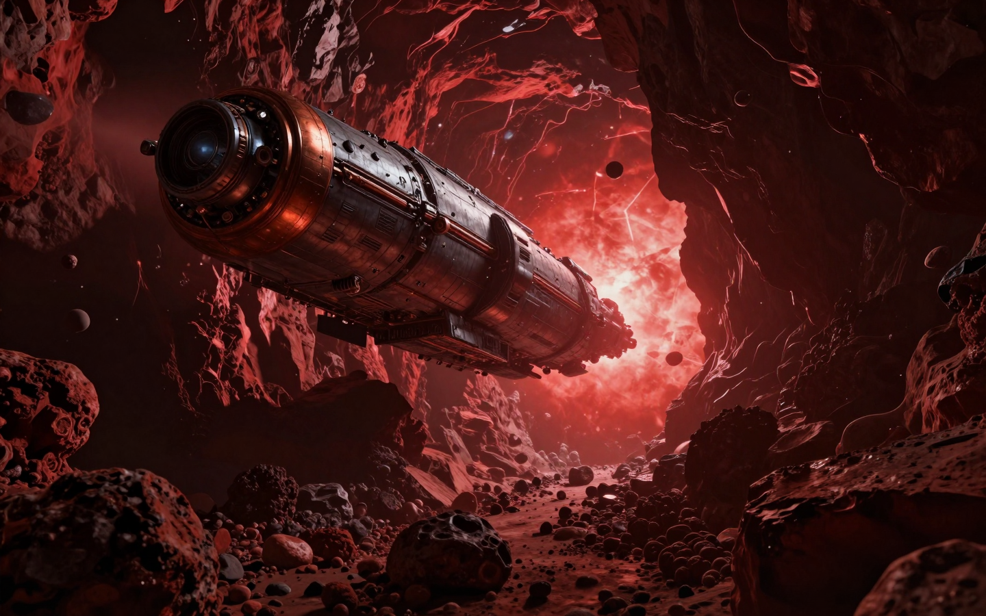 Futuristic Spaceship Flying Through a Red Alien Asteroid Cave
