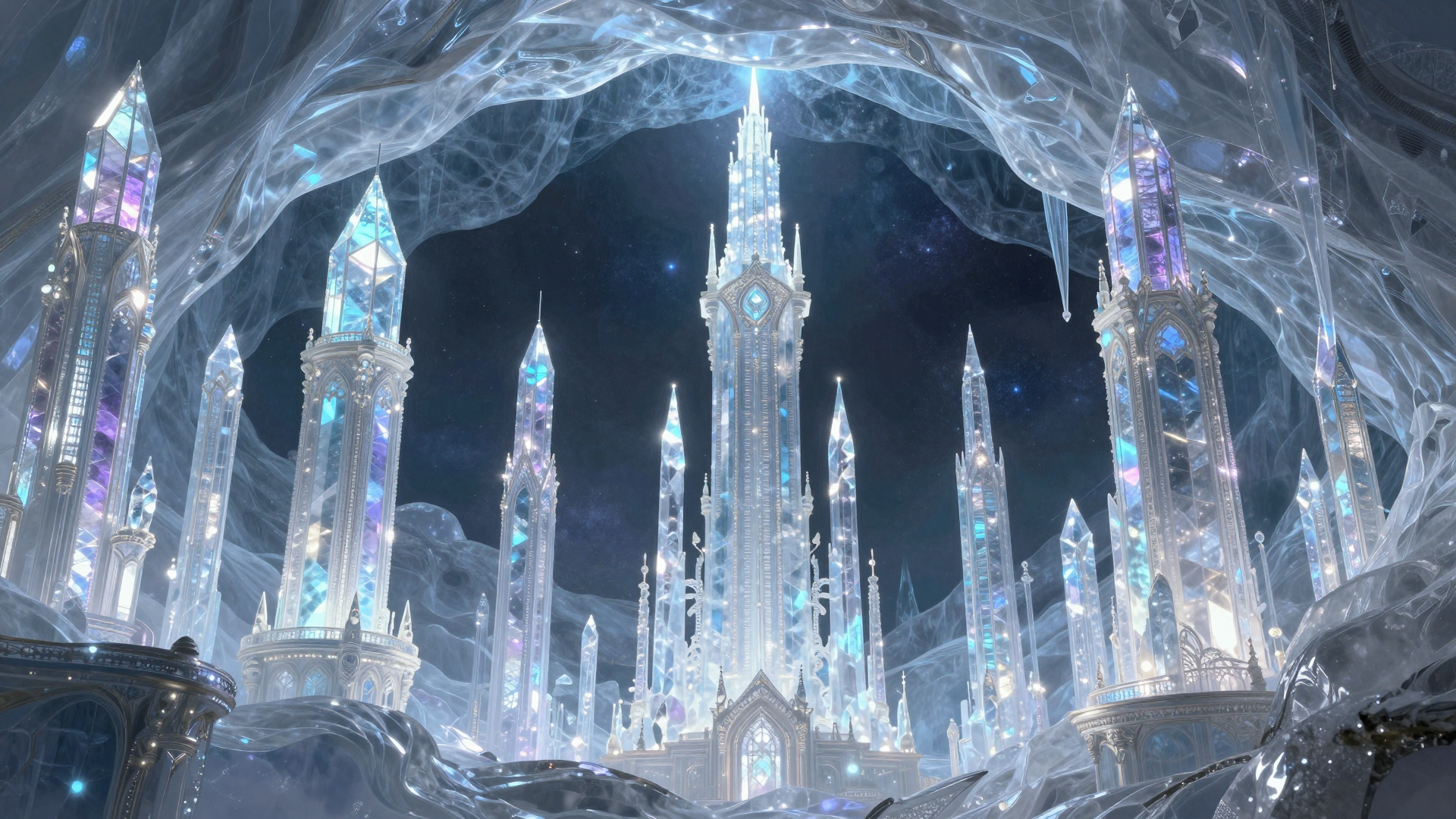 Ethereal Ice Crystal Palace with Towering Spires Under a Starry Sky