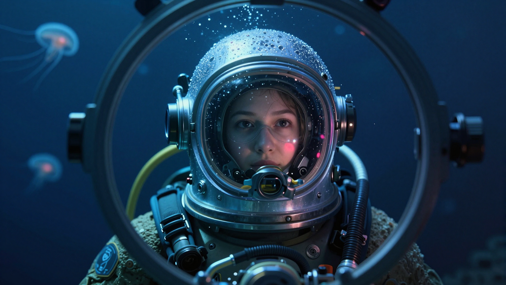 Female Astronaut Exploring the Deep Blue Ocean in Helmet Diver Gear