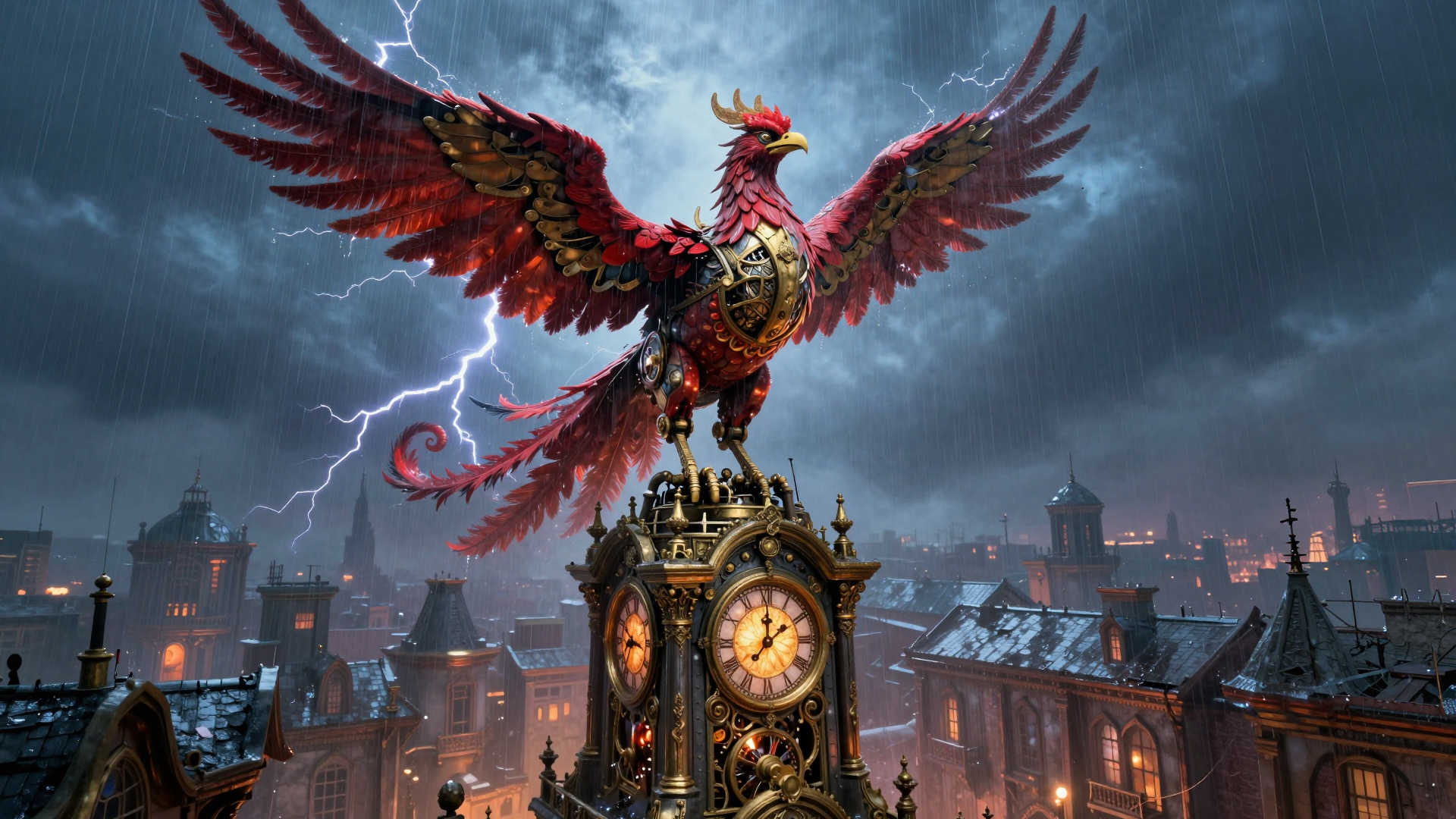 Majestic Phoenix Clock Tower Over a Stormy Victorian Cityscape