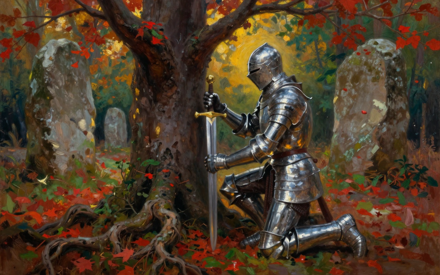 Armored Knight Kneeling Beneath an Autumn Forest Tree