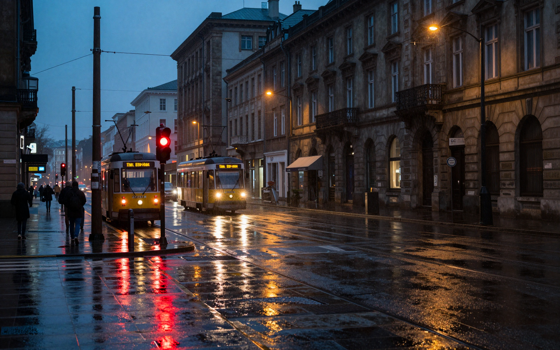 Rainy Evening Street with Vintage Trams and Reflections