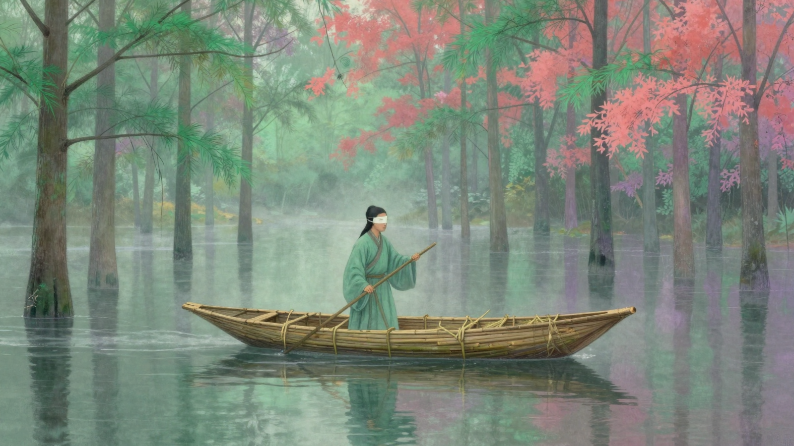 Traditional Boat Drifting Through a Misty Autumn Forest Floodplain