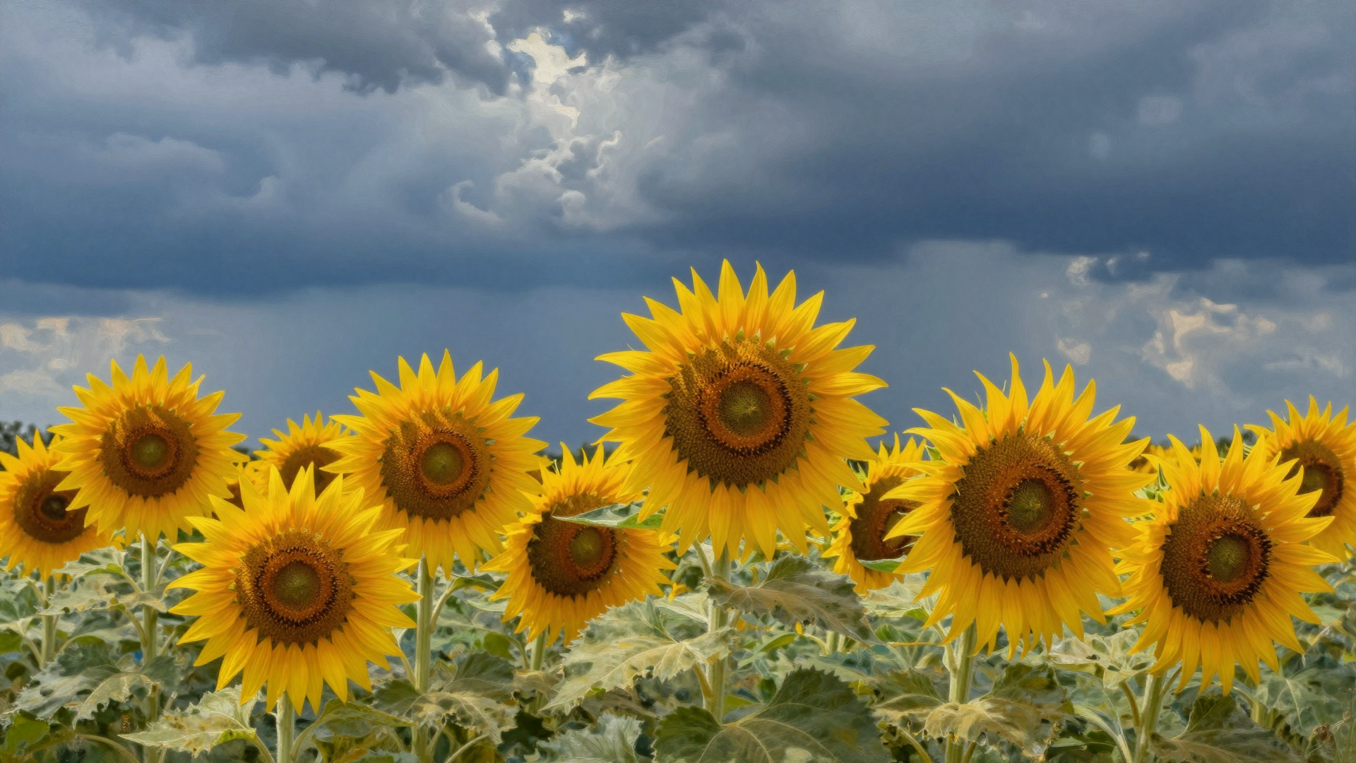 Sunflower Field Blooming Beneath Dramatic Storm Clouds