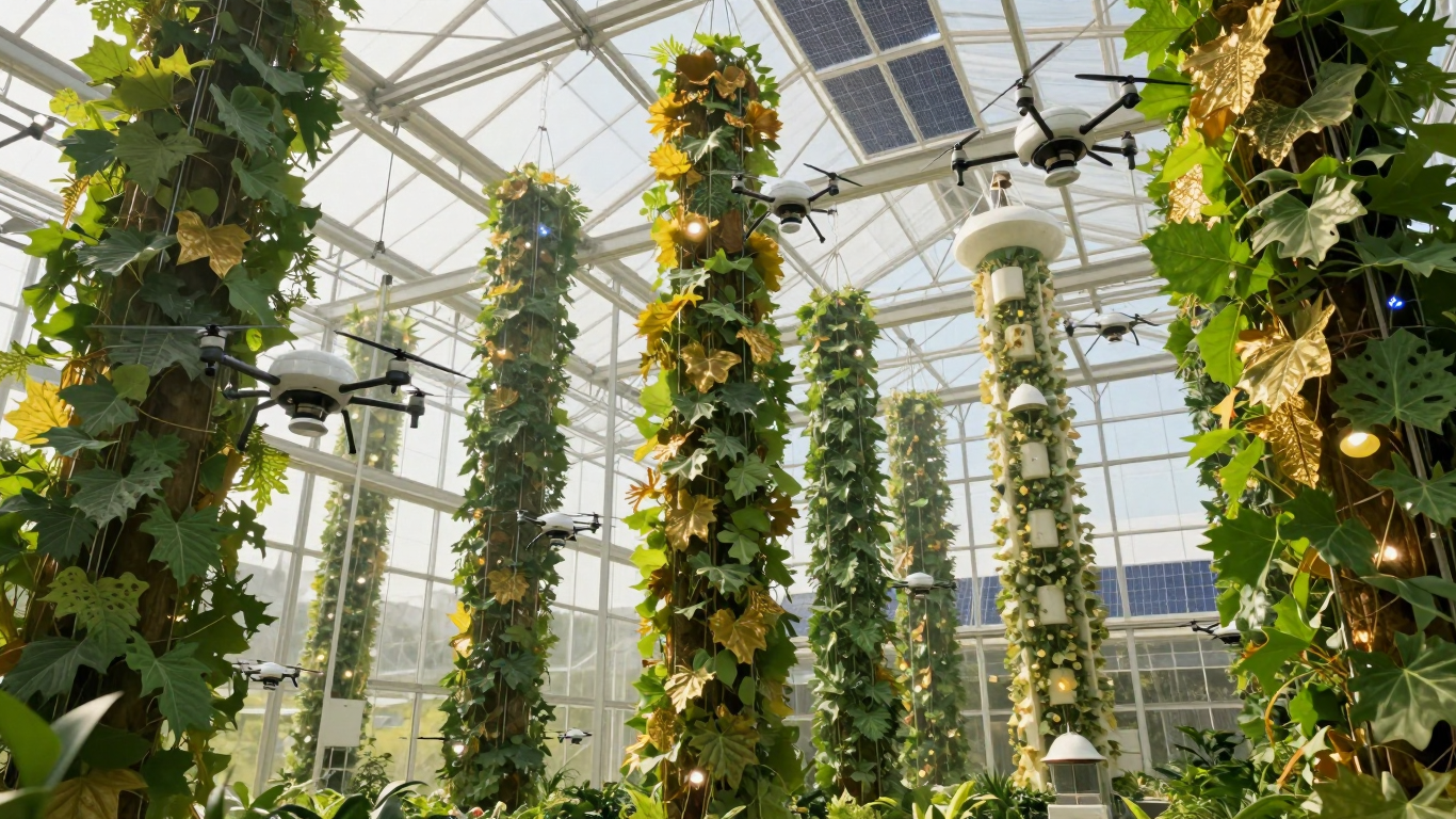 Lush Vertical Garden Inside a Sunlit Glass Greenhouse