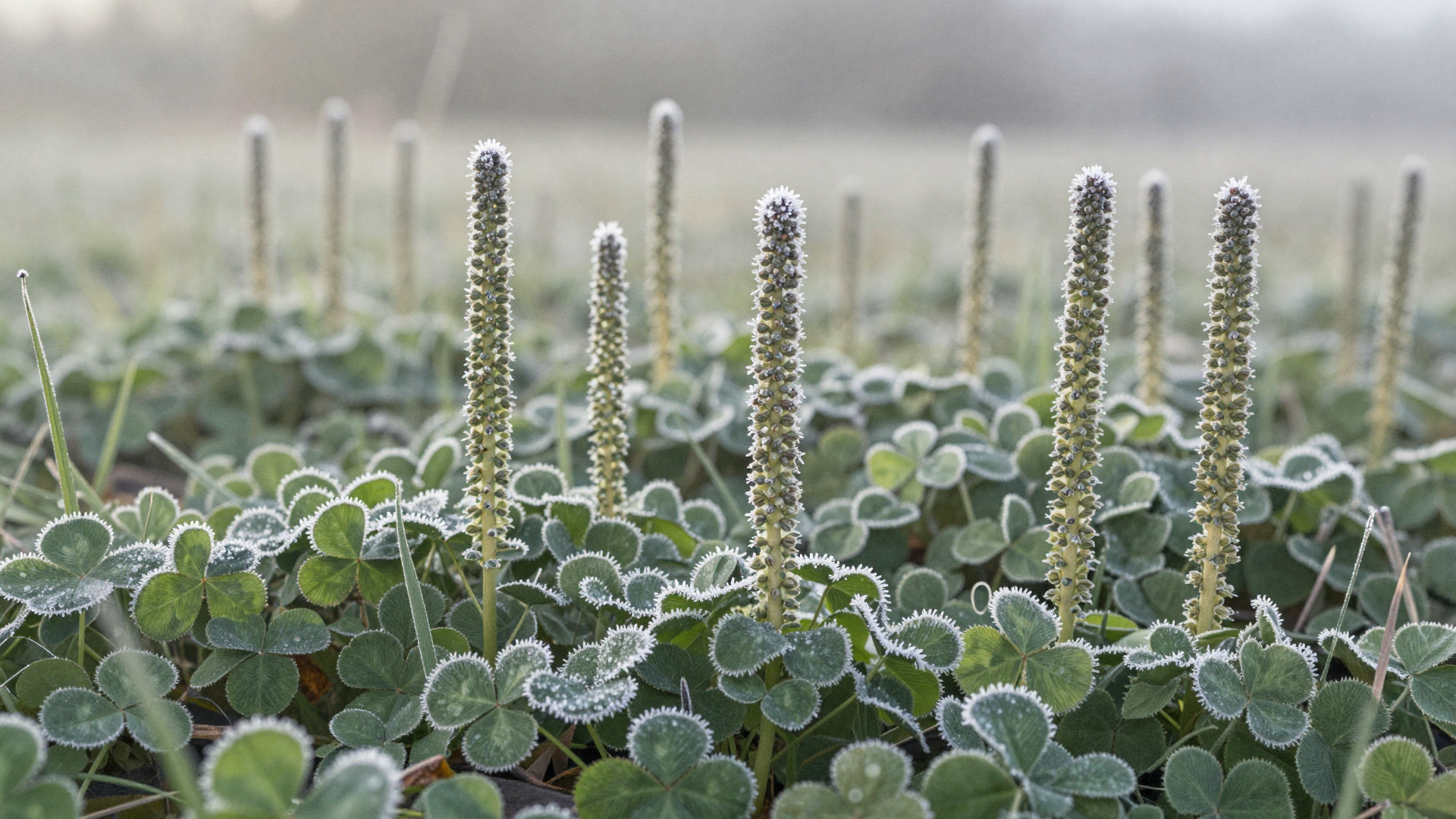 Frost-Covered Clover Field with Tall Blooming Flower Spikes