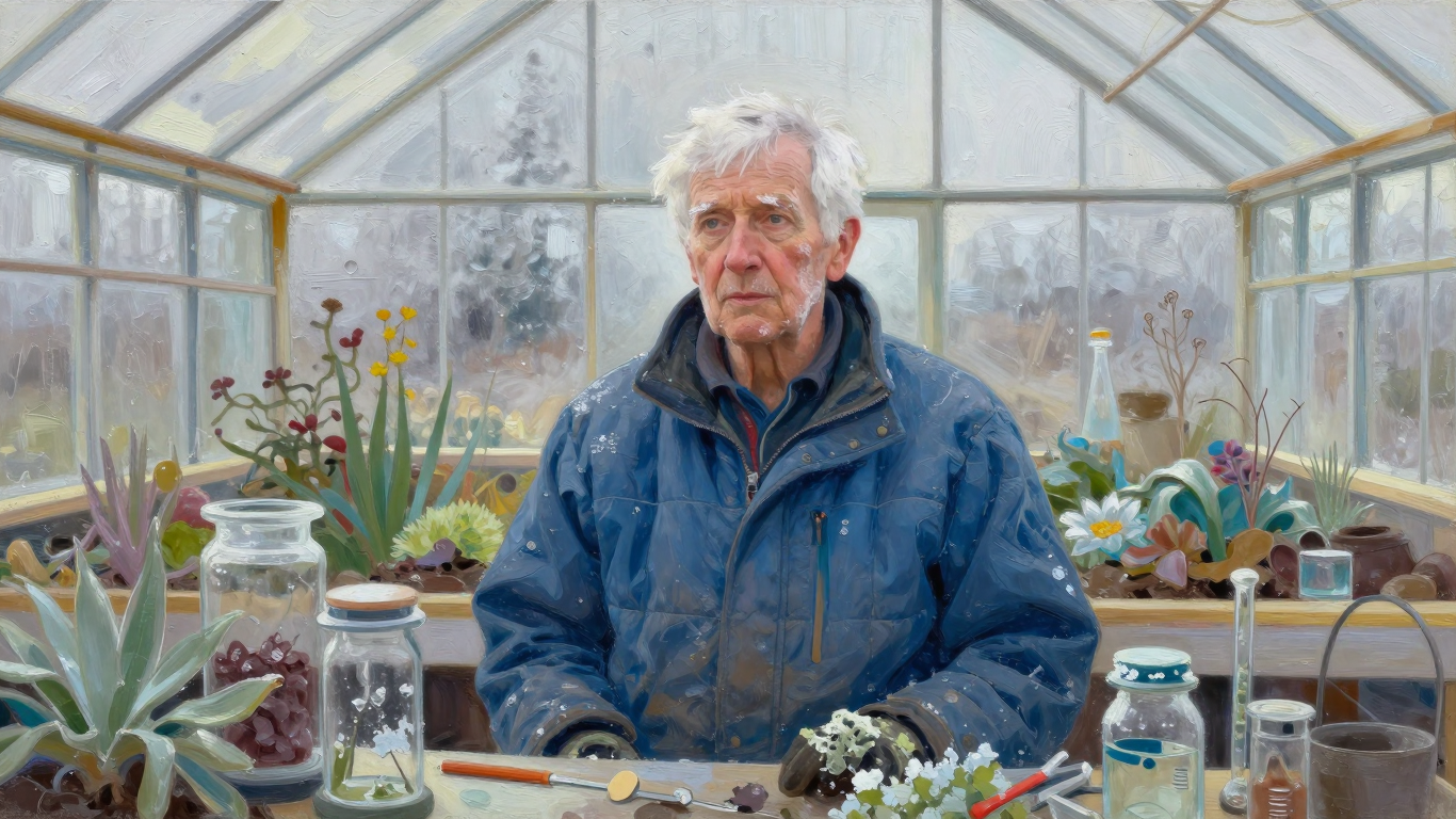 Elderly Gardener Surrounded by Plants in a Glasshouse