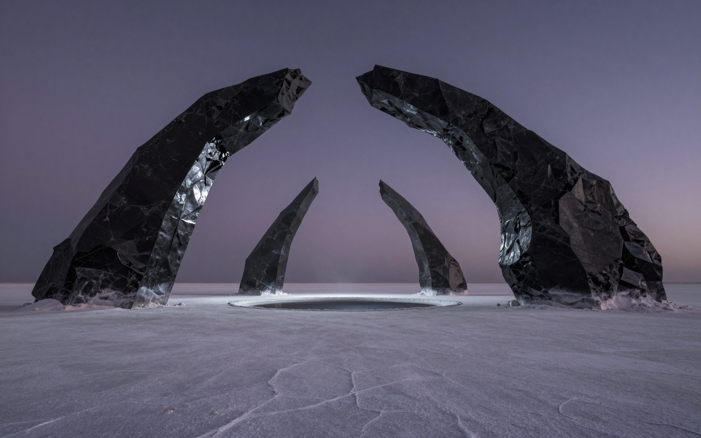 Monolithic Black Stone Arches Rising from a Frozen Landscape