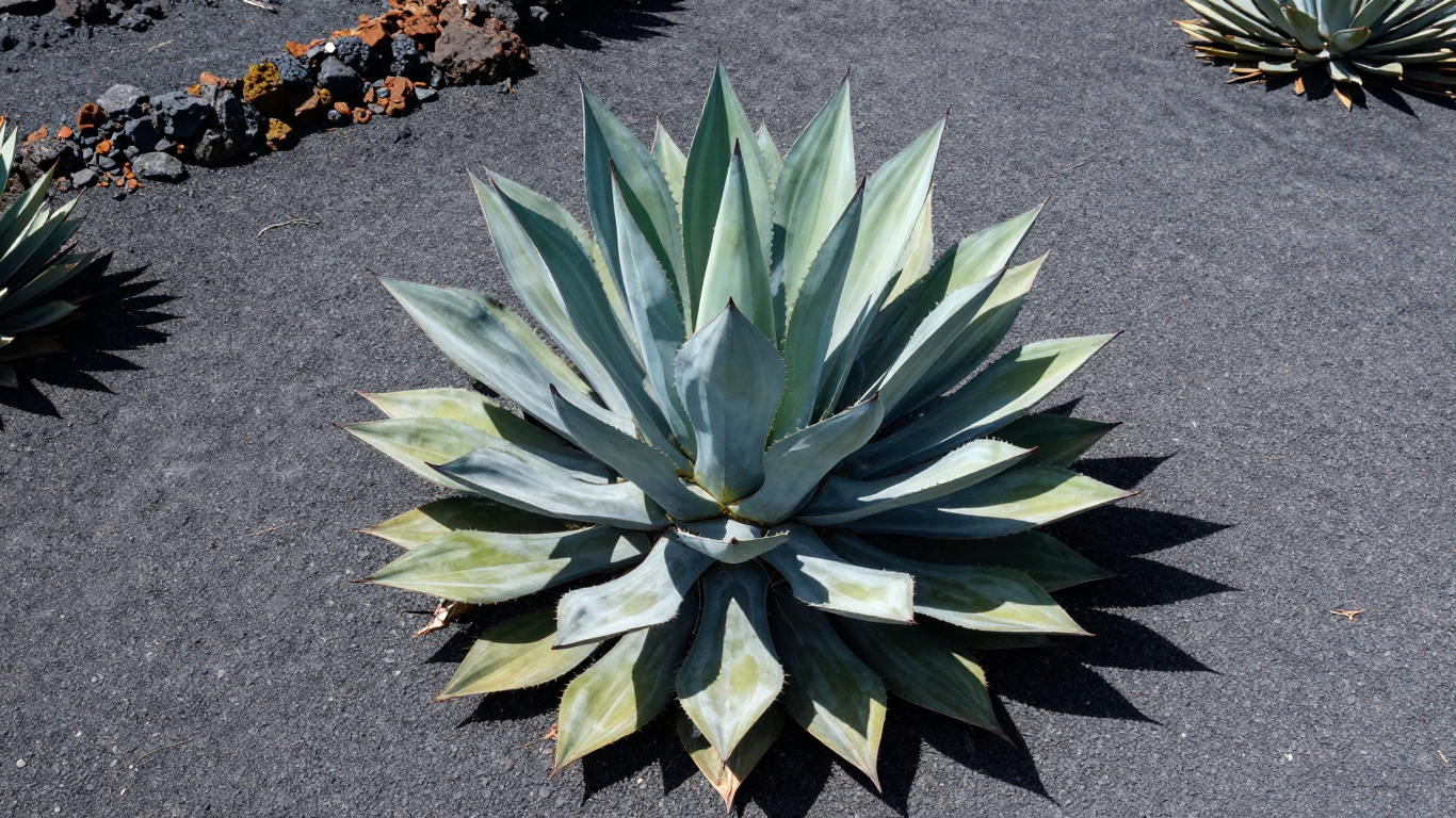 Spiky Agave Rosette Against Dark Volcanic Gravel
