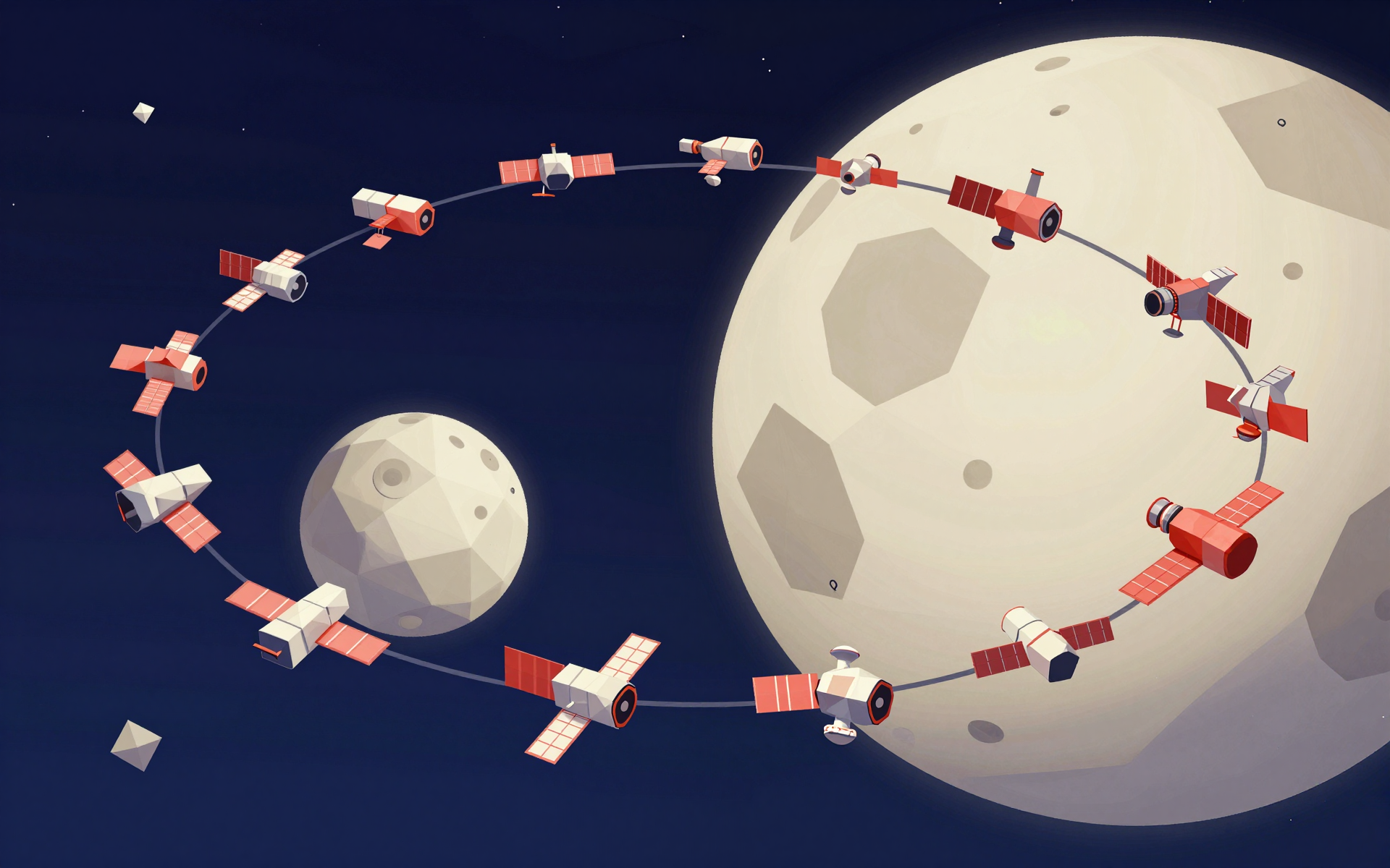 Futuristic Satellite Network Orbiting a Giant Moon in Space