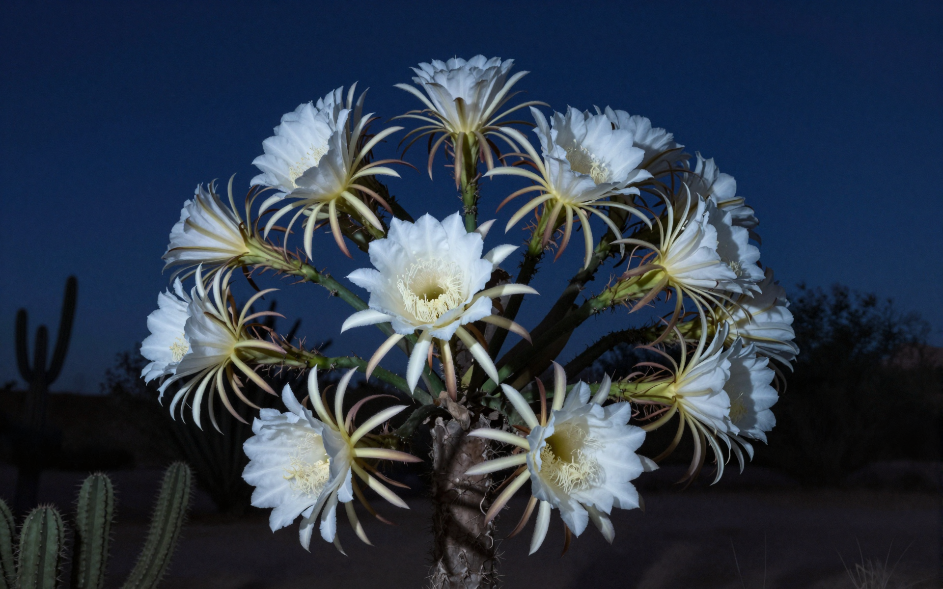 White Night-Blooming Cactus Flowers Against a Dark Blue Sky