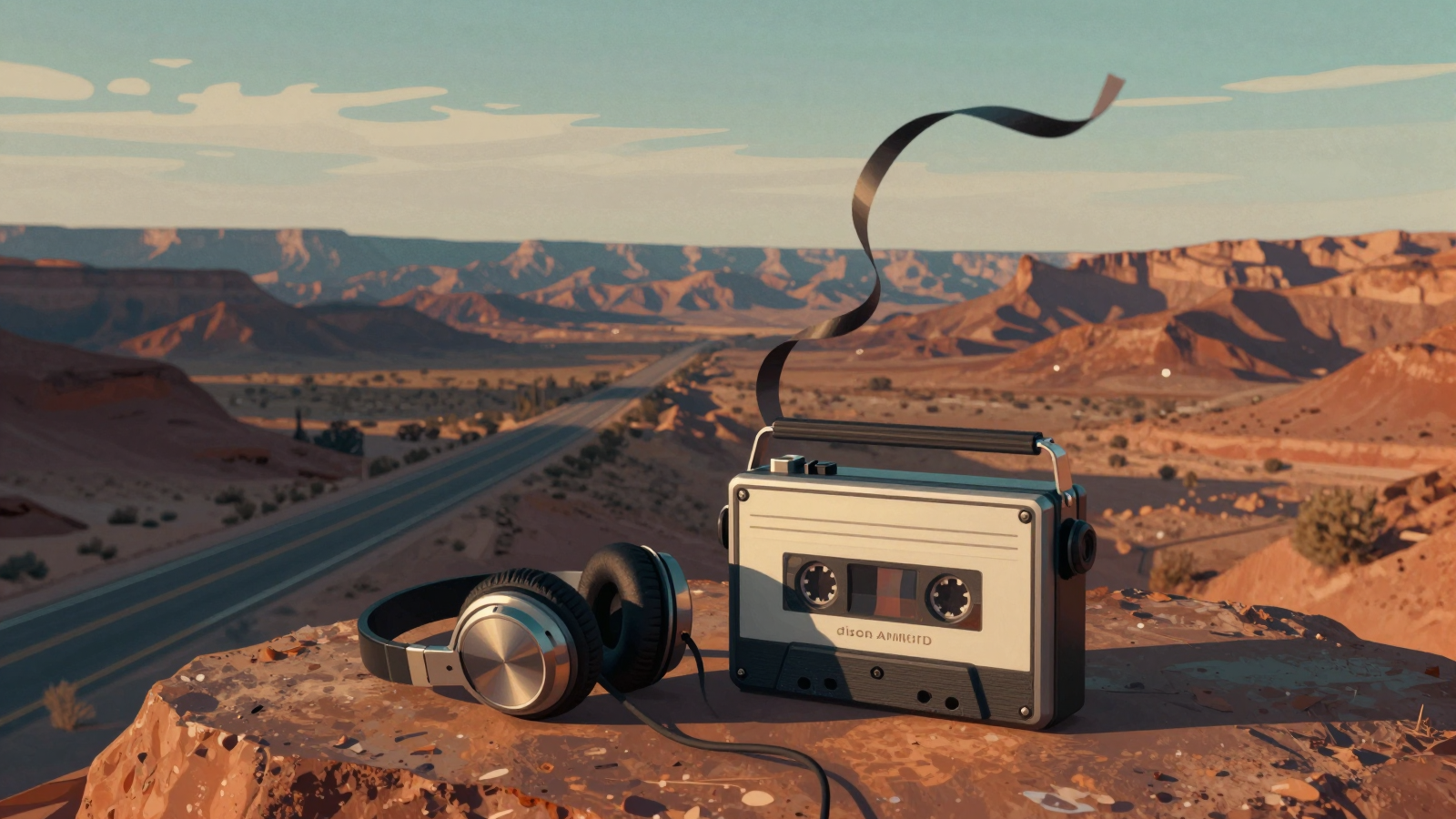 Retro Cassette Player and Headphones Over Desert Canyon Landscape