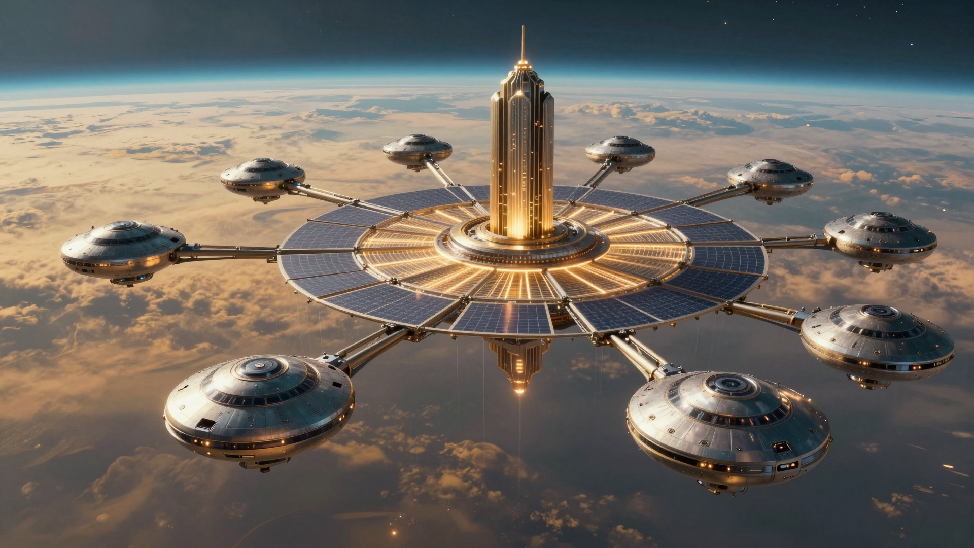 Futuristic Orbital Space Station Above the Clouds