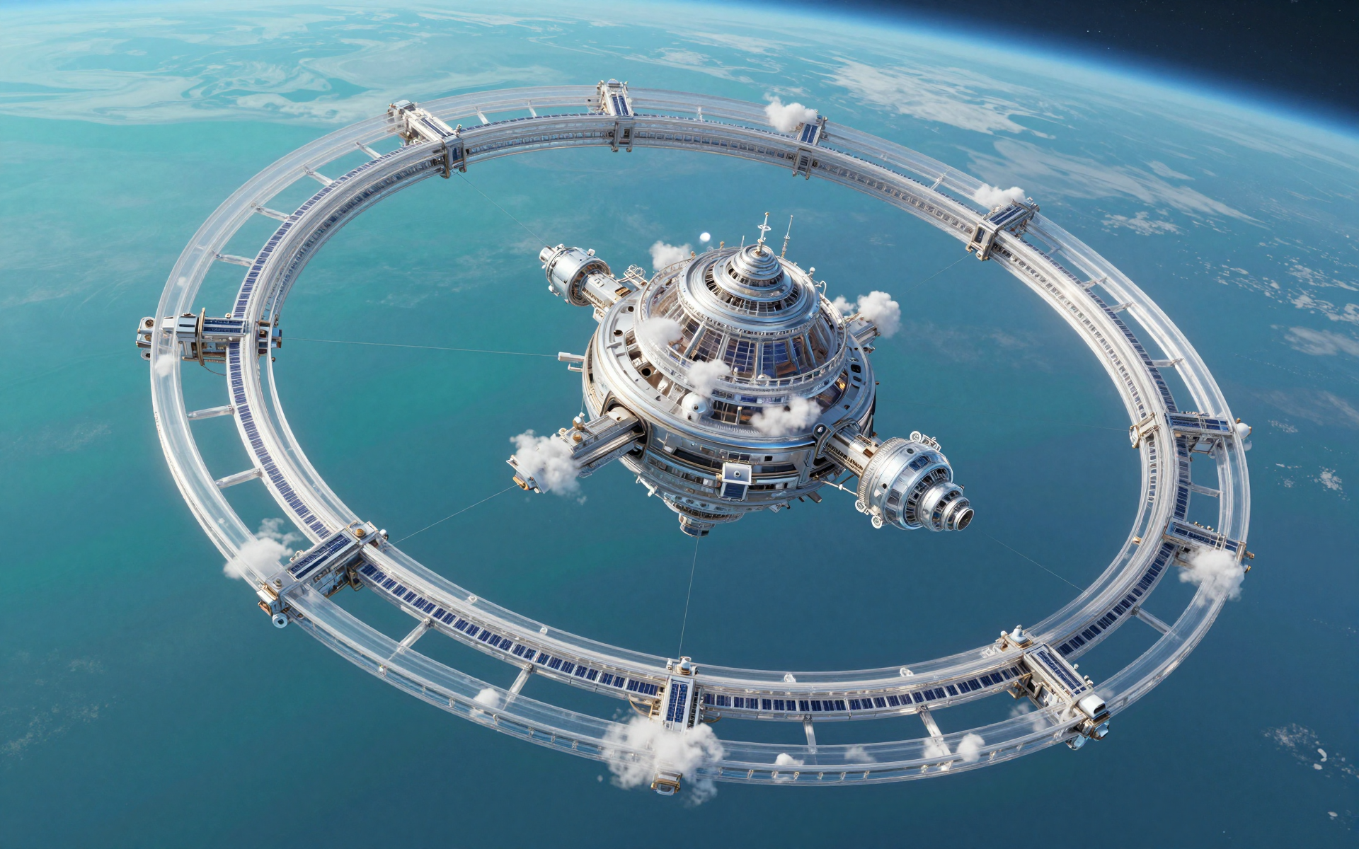 Futuristic Orbital Space Station Above Earth’s Blue Atmosphere
