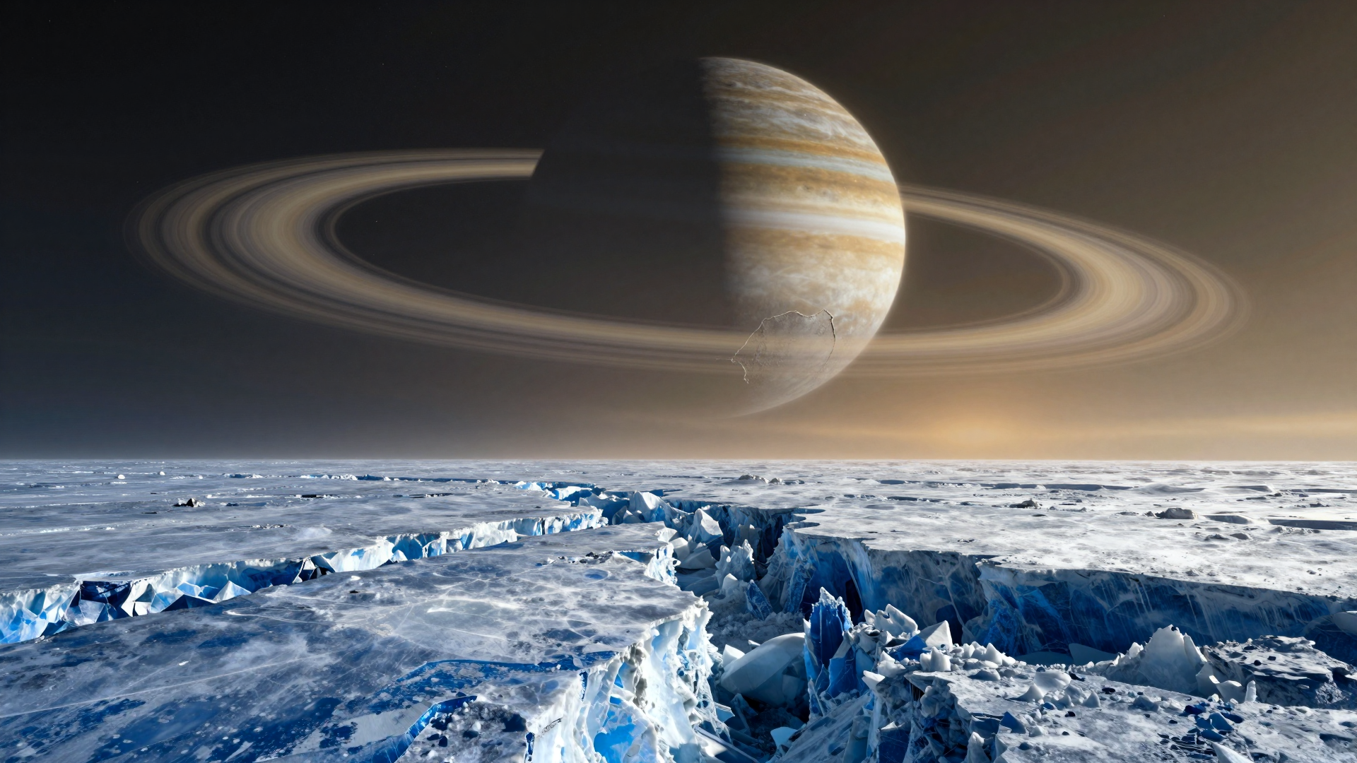 Saturn Rising Over a Vast Frozen Ice Landscape