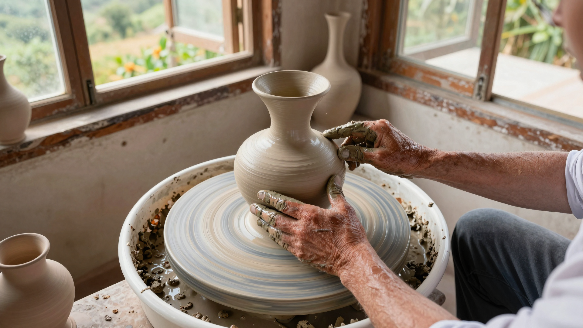 Potter Shaping a Clay Vase on a Spinning Wheel by Window