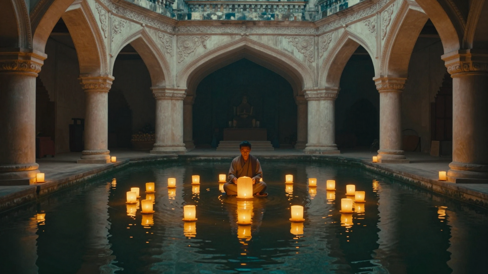 Candlelit Courtyard Pool Beneath Ornate Moorish Arches
