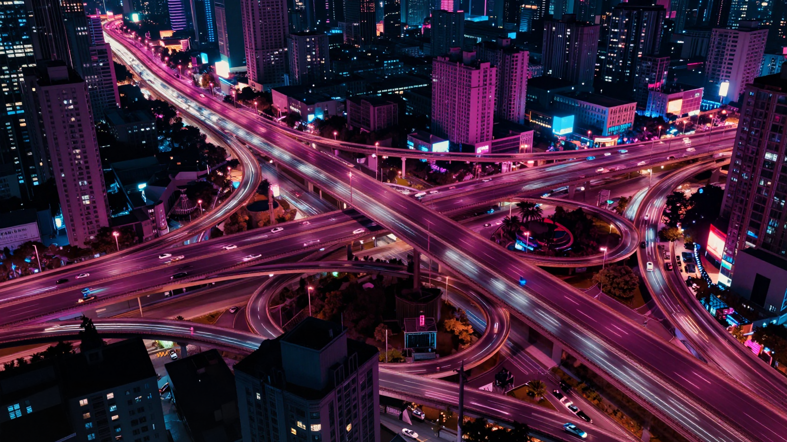 Neon-Lit Urban Highway Interchange at Night