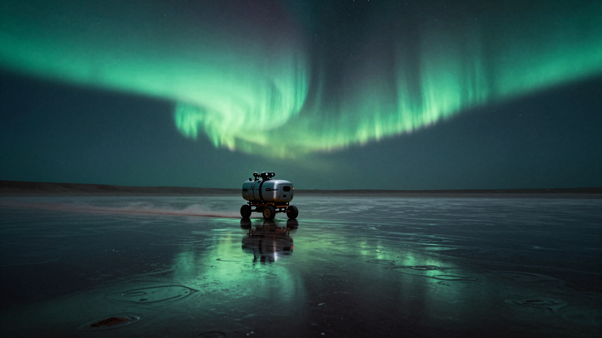 Small Rover Beneath the Northern Lights on Frozen Ice