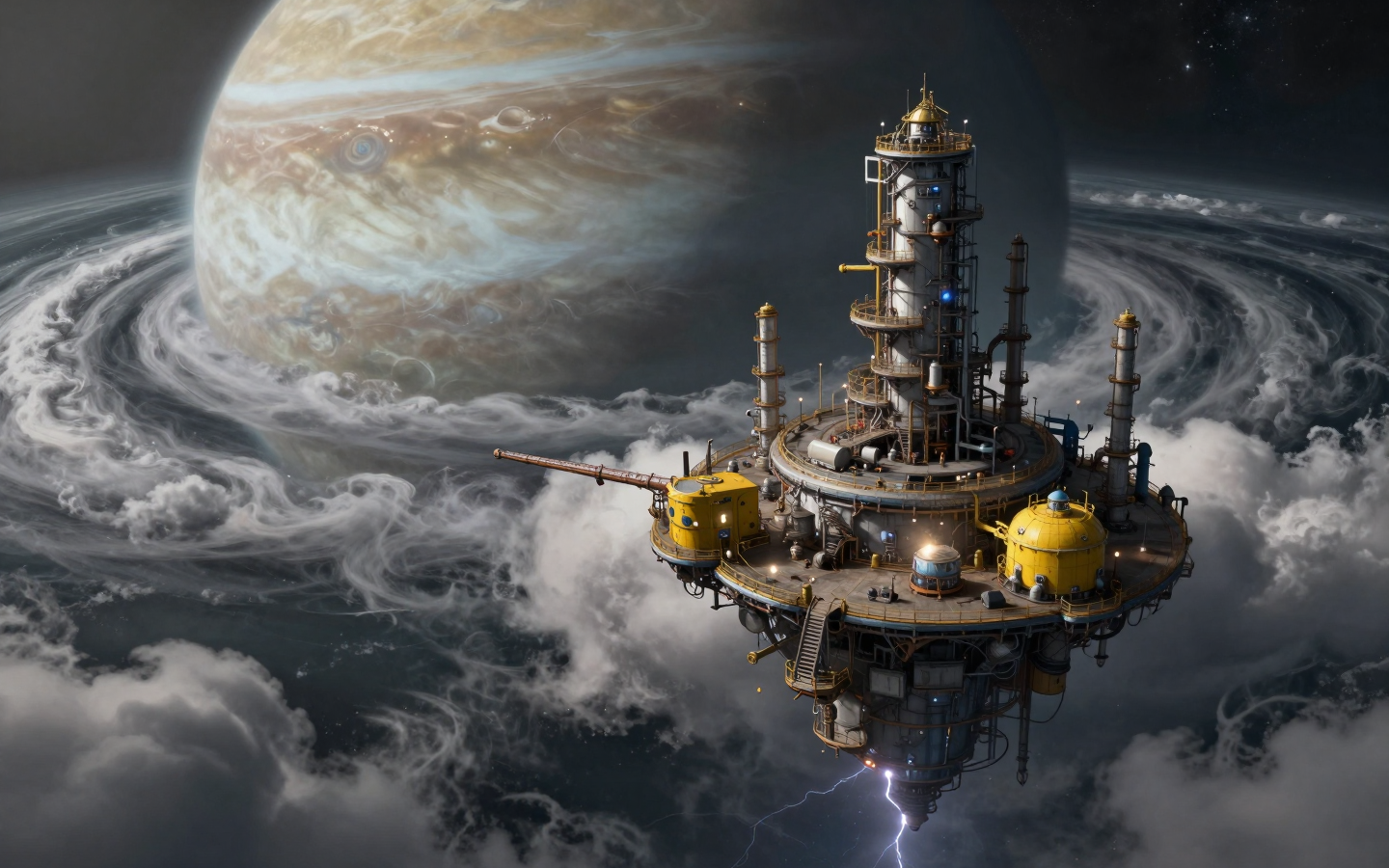 Futuristic Industrial Space Station Above a Stormy Gas Giant