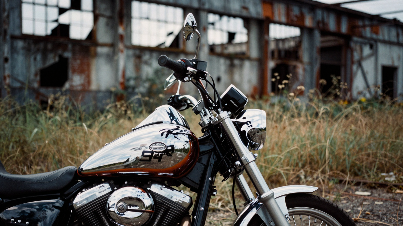 Classic Cruiser Motorcycle Outside an Abandoned Industrial Building