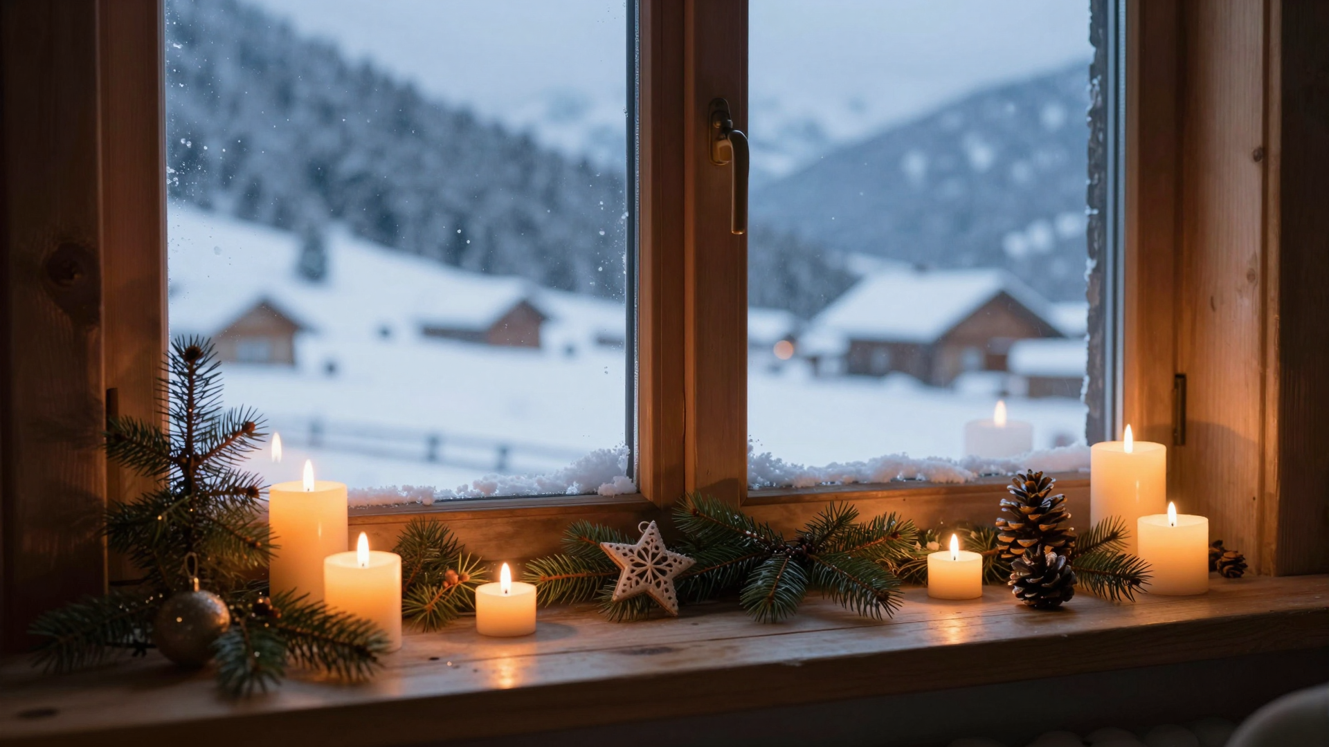 Cozy Candlelit Winter Window with Snowy Mountain Village View