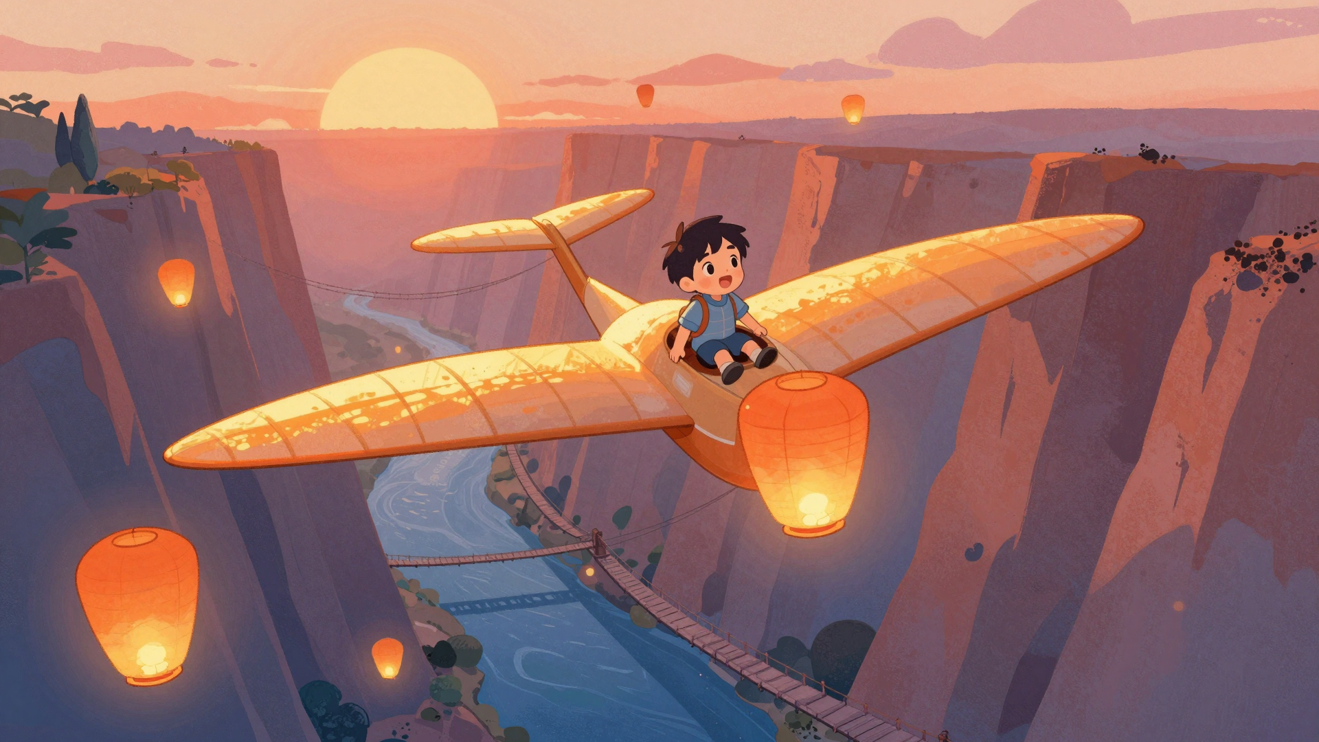 Animated Boy Flying Through Sunset Canyon With Glowing Lanterns