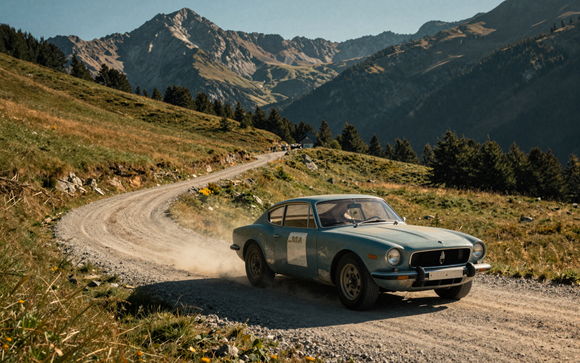 Classic Vintage Rally Car on a Mountain Gravel Road at Sunset