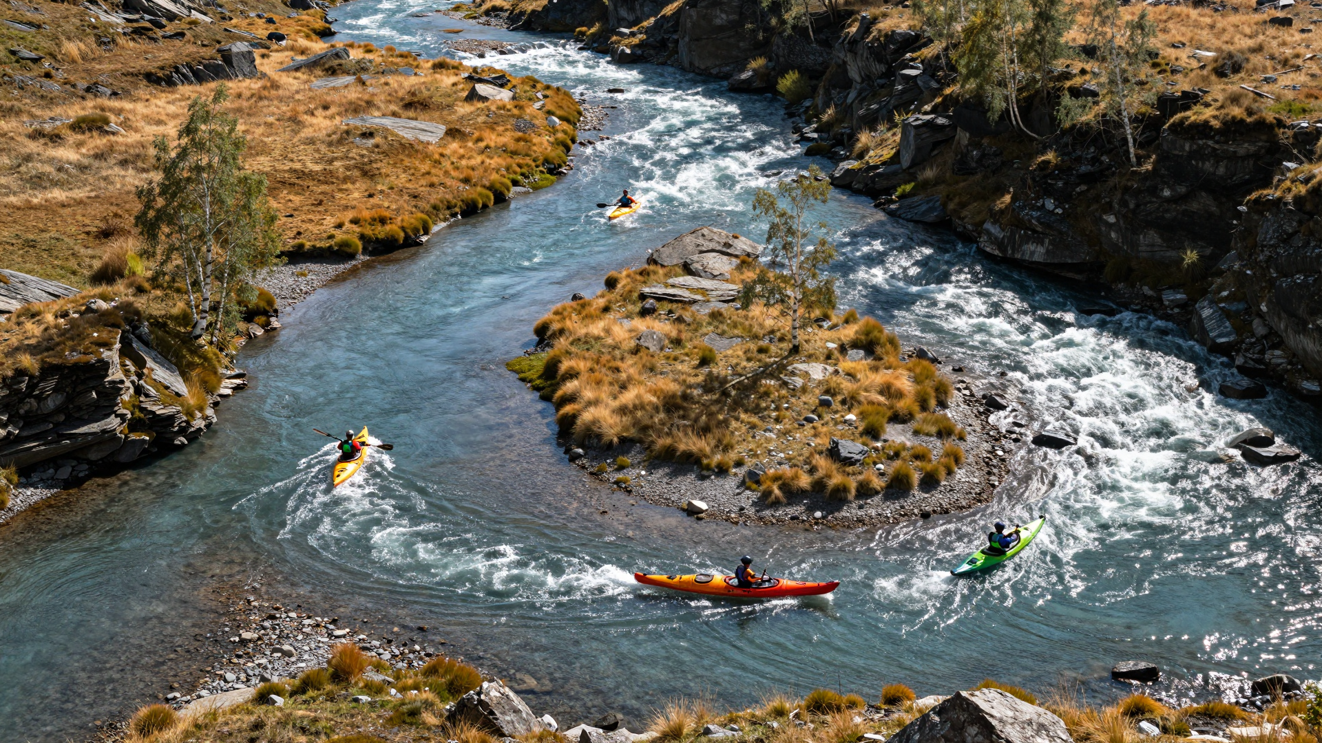 Kayakers Navigating a Rugged Mountain River Rapid