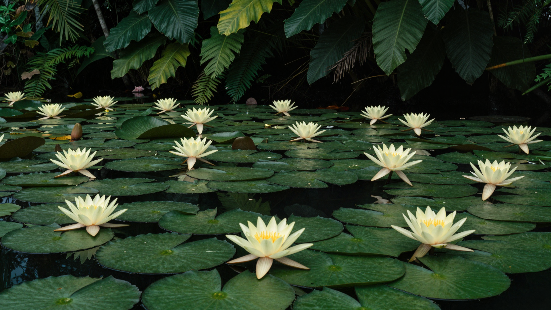 White Water Lilies Blooming Among Lush Green Lily Pads