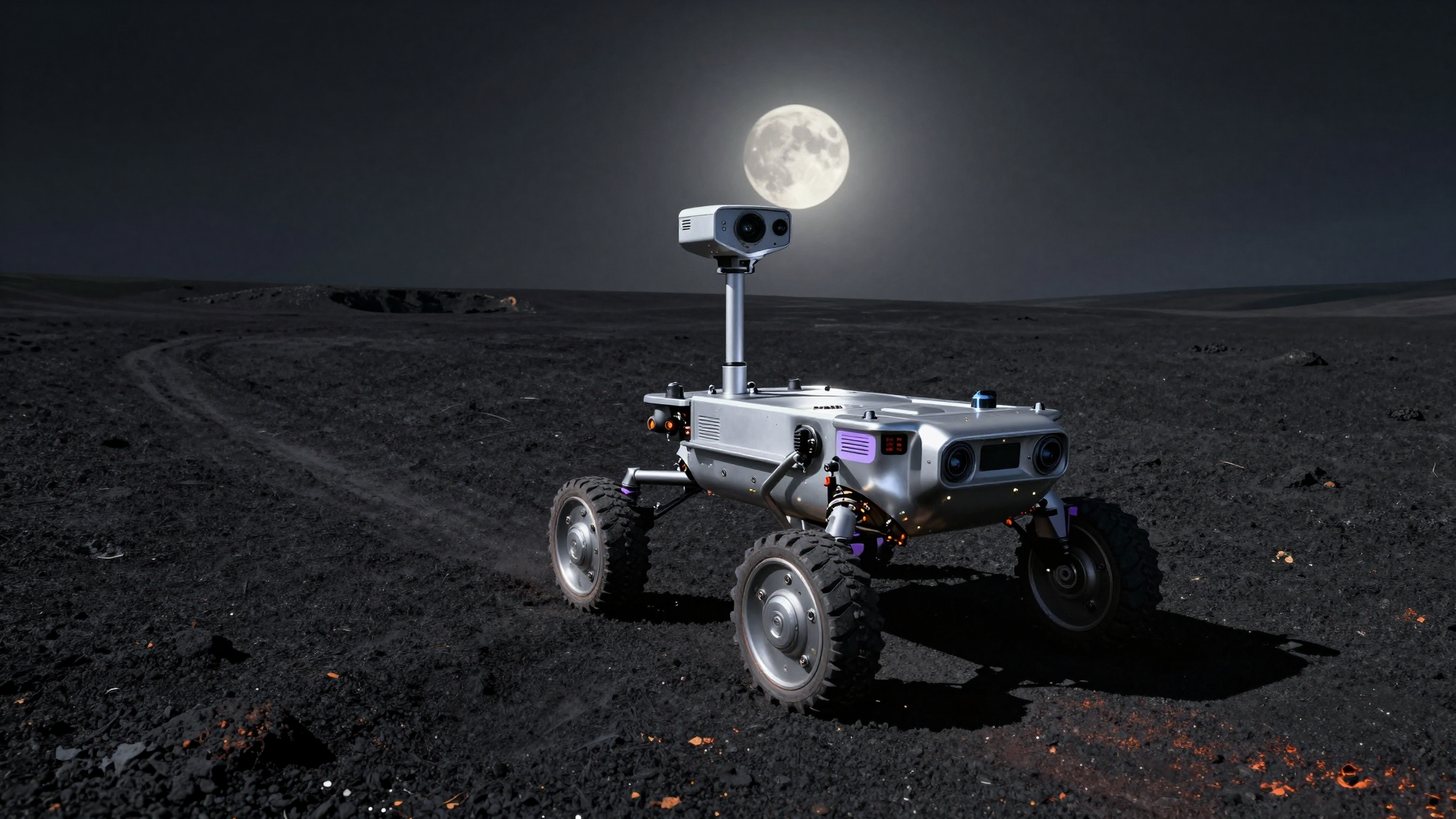 Mars Rover Exploring a Dark Lunar Landscape Under the Full Moon