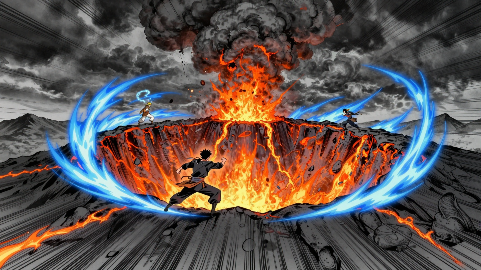 Anime Warrior Facing a Fiery Lava Crater with Blue Energy Arcs
