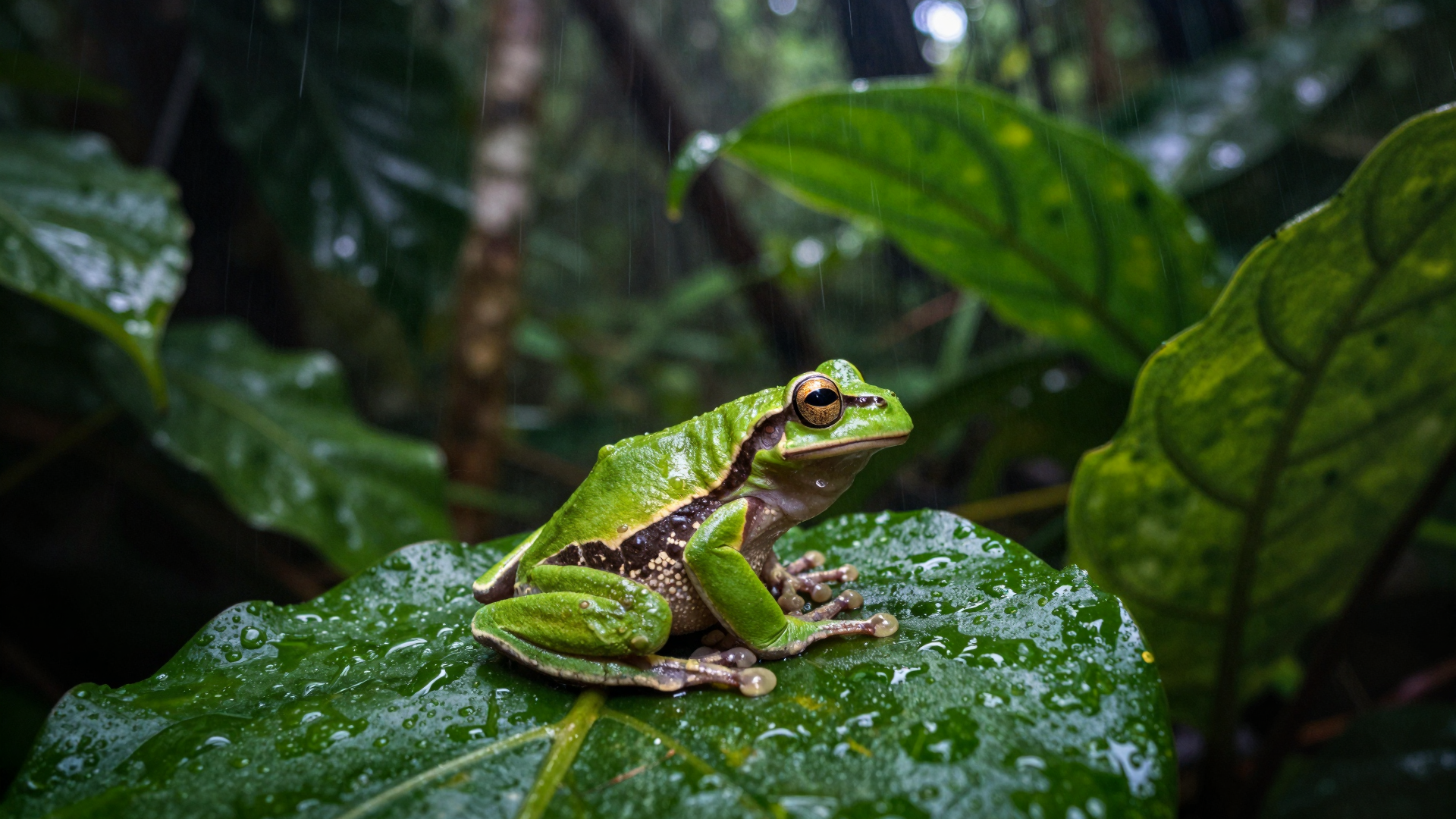 Green Tree Frog Resting on a Rain-Covered Tropical Leaf
