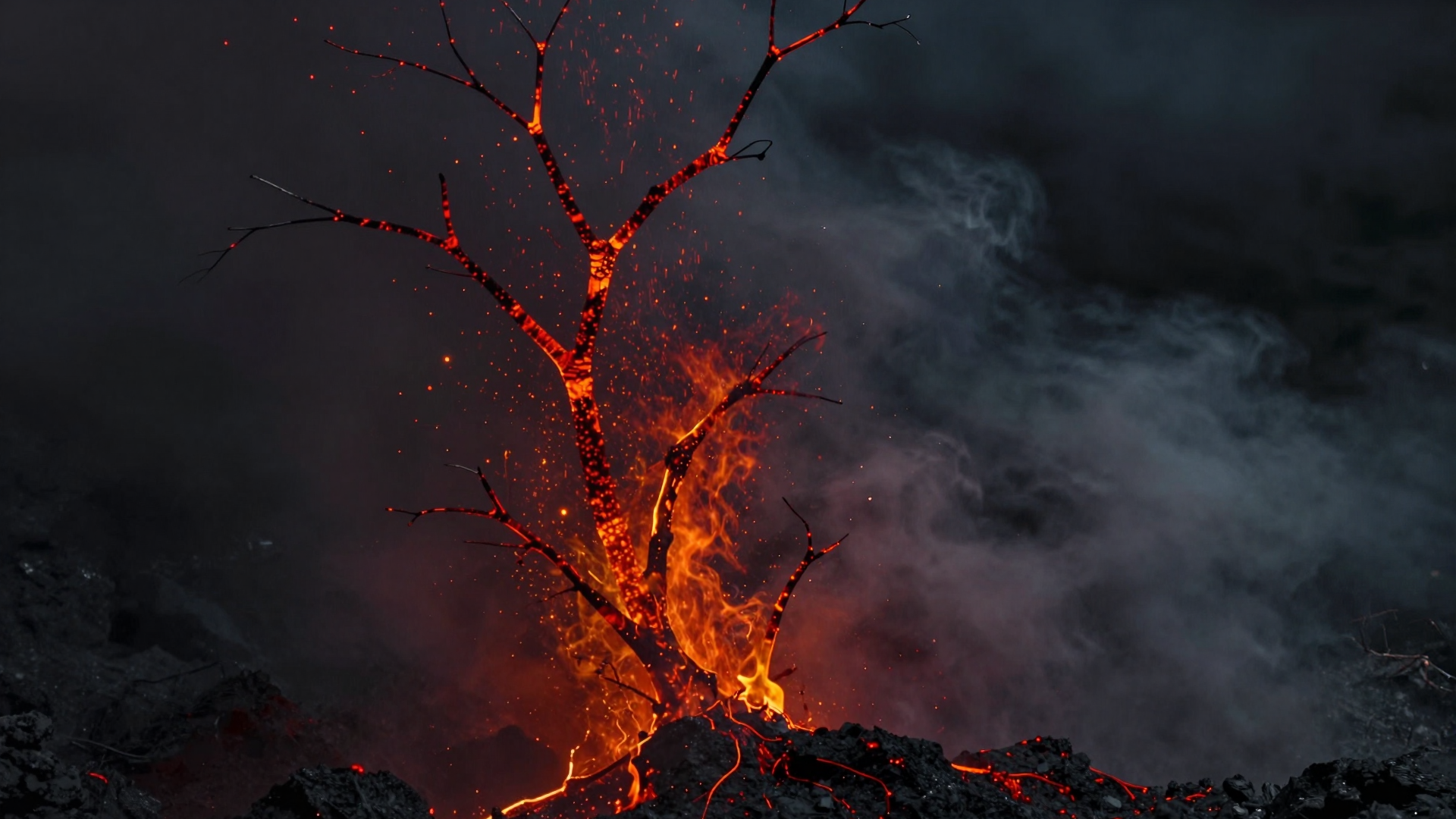 Molten Lava Tree Rising Through Dark Volcanic Smoke