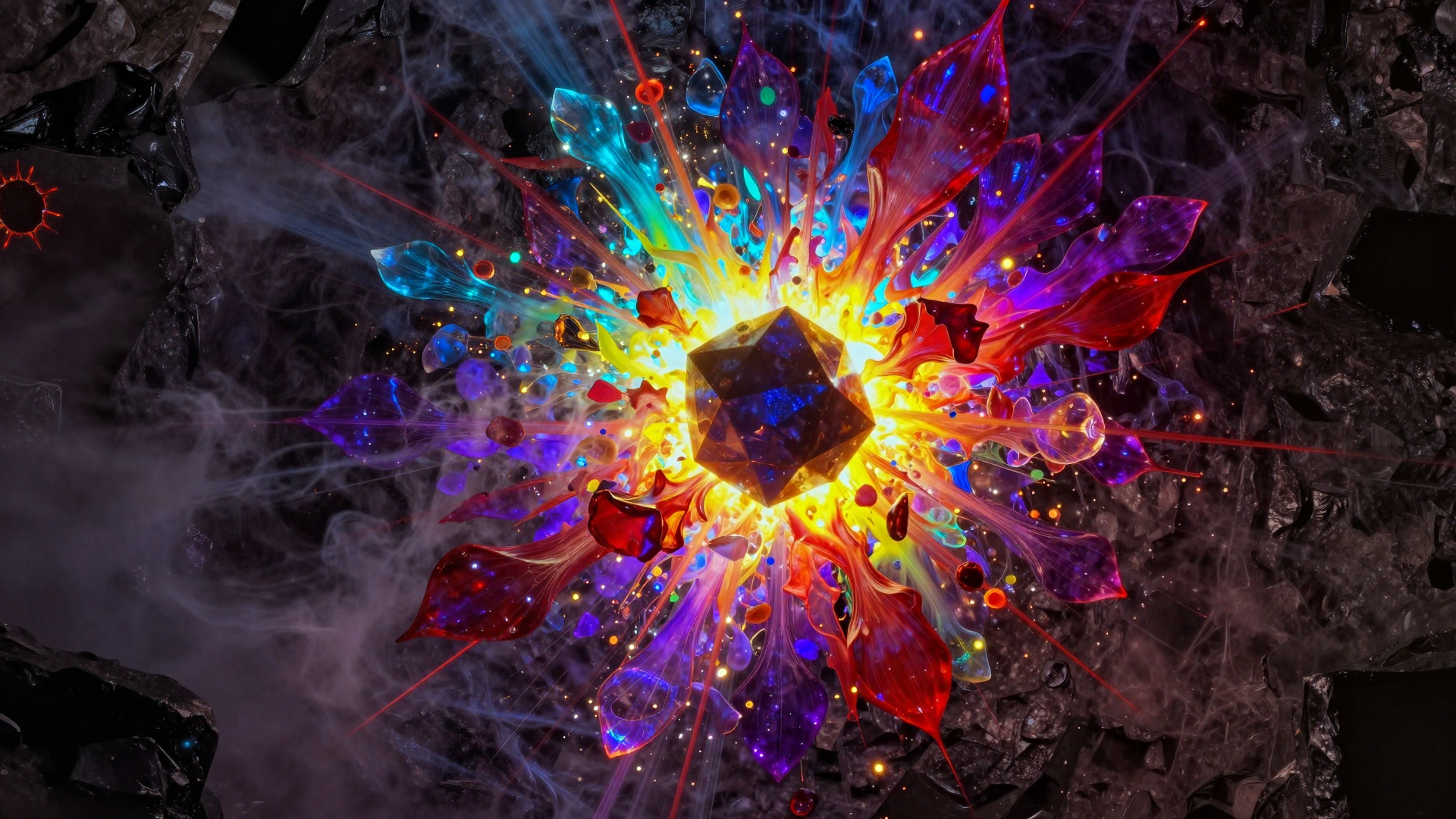 Vibrant Multicolored Crystal Explosion on Dark Rocky Surface