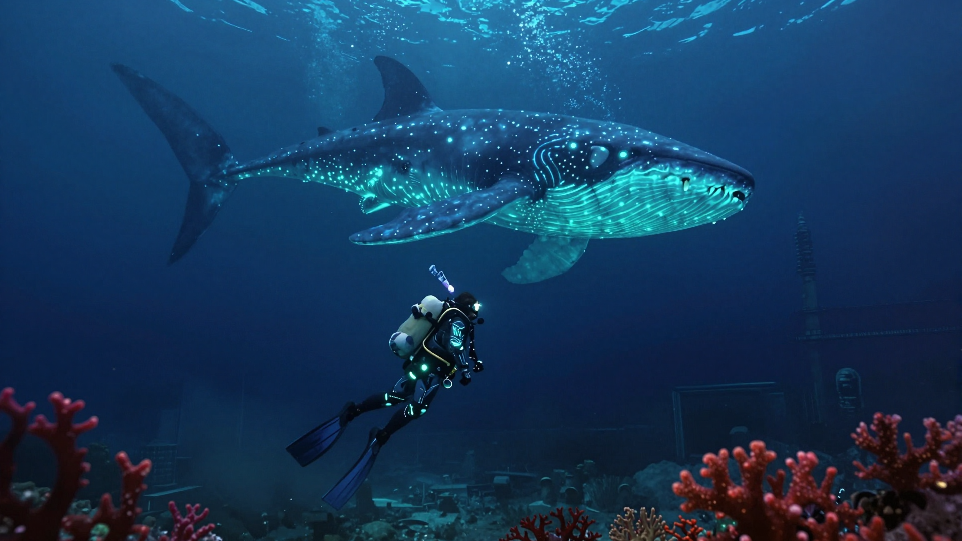 Whale Shark Swimming Above a Scuba Diver and Coral Reef