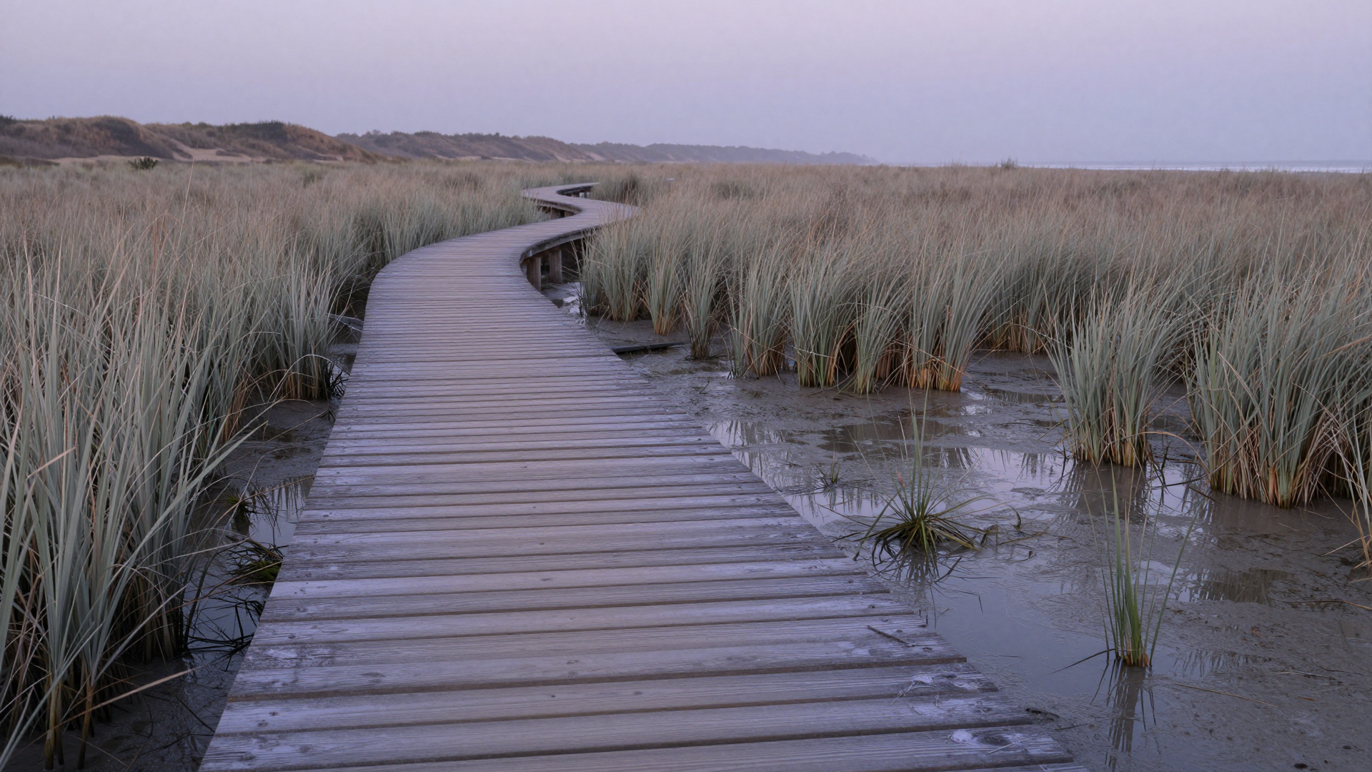 Curving Wooden Boardwalk Through Coastal Marsh Grass at Dusk